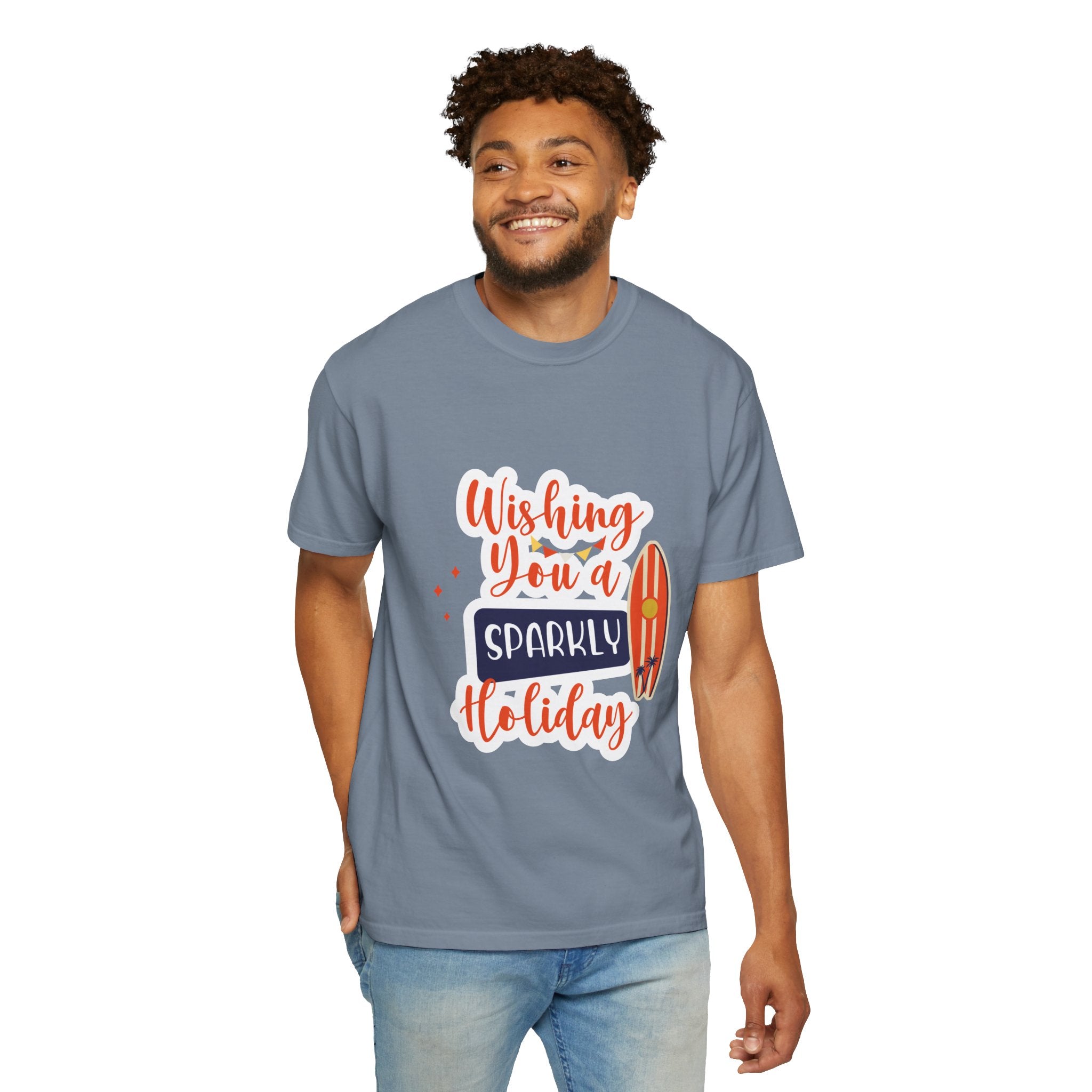 Holiday Surfboard T‑Shirt — "Wishing You a Sparkly Holiday" Beachy Christmas Tee