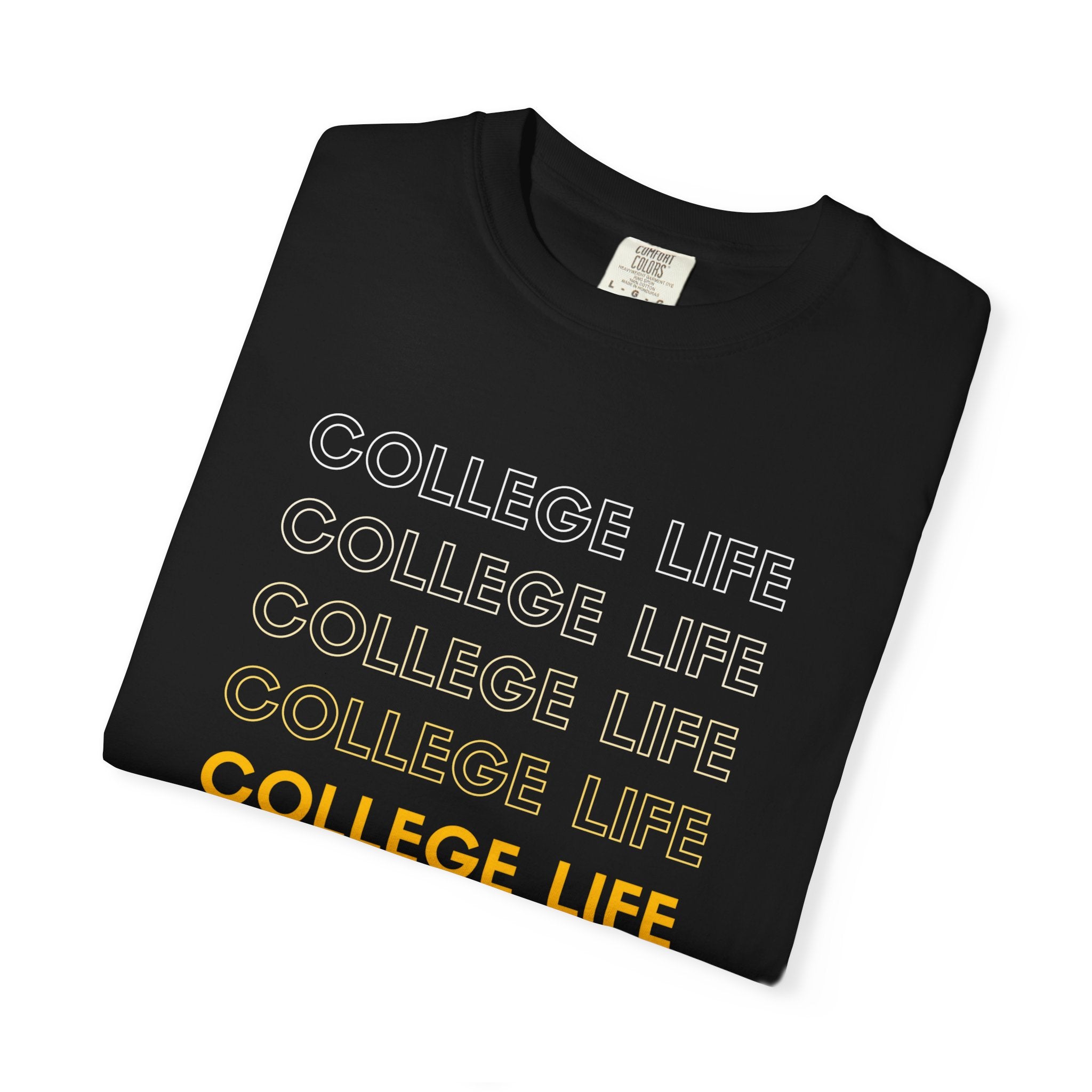 College Life Tee — Retro Repeated Text Graphic T-Shirt