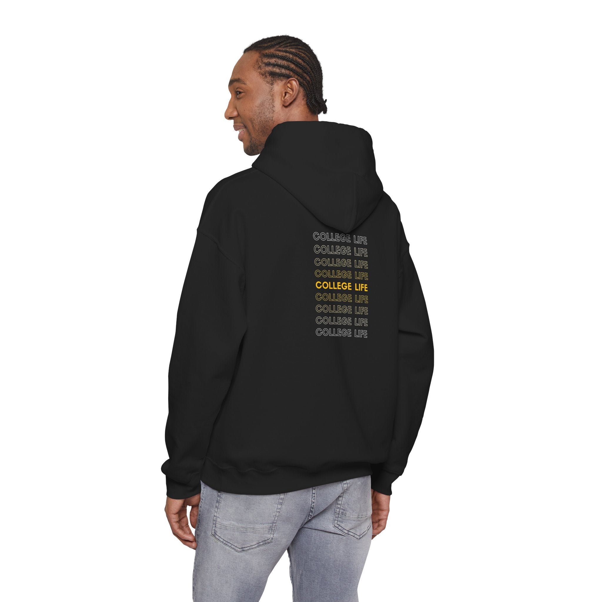 College Life Hoodie – Repeated Text Graphic Pullover