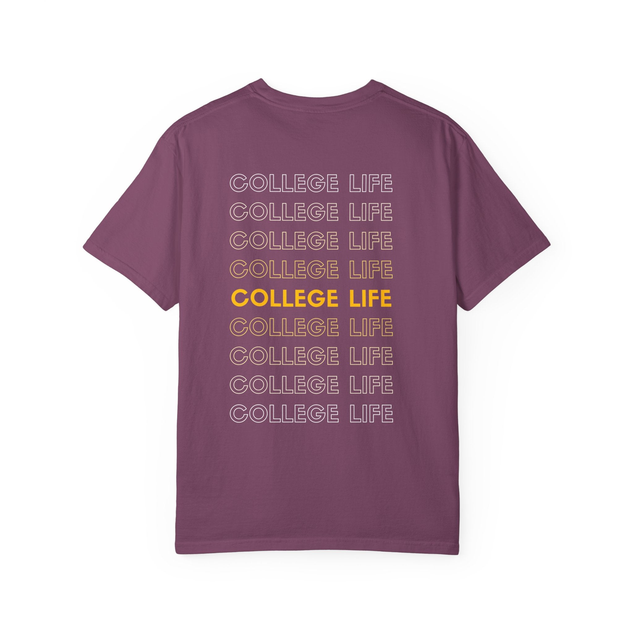 College Life Tee — Retro Repeated Text Graphic T-Shirt