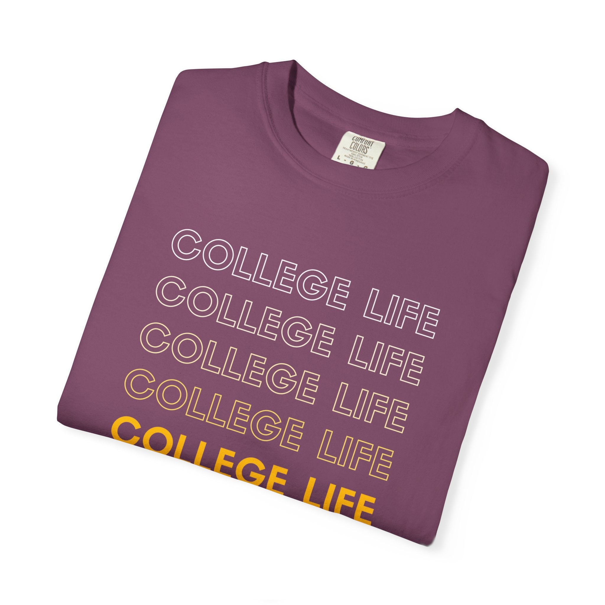 College Life Tee — Retro Repeated Text Graphic T-Shirt