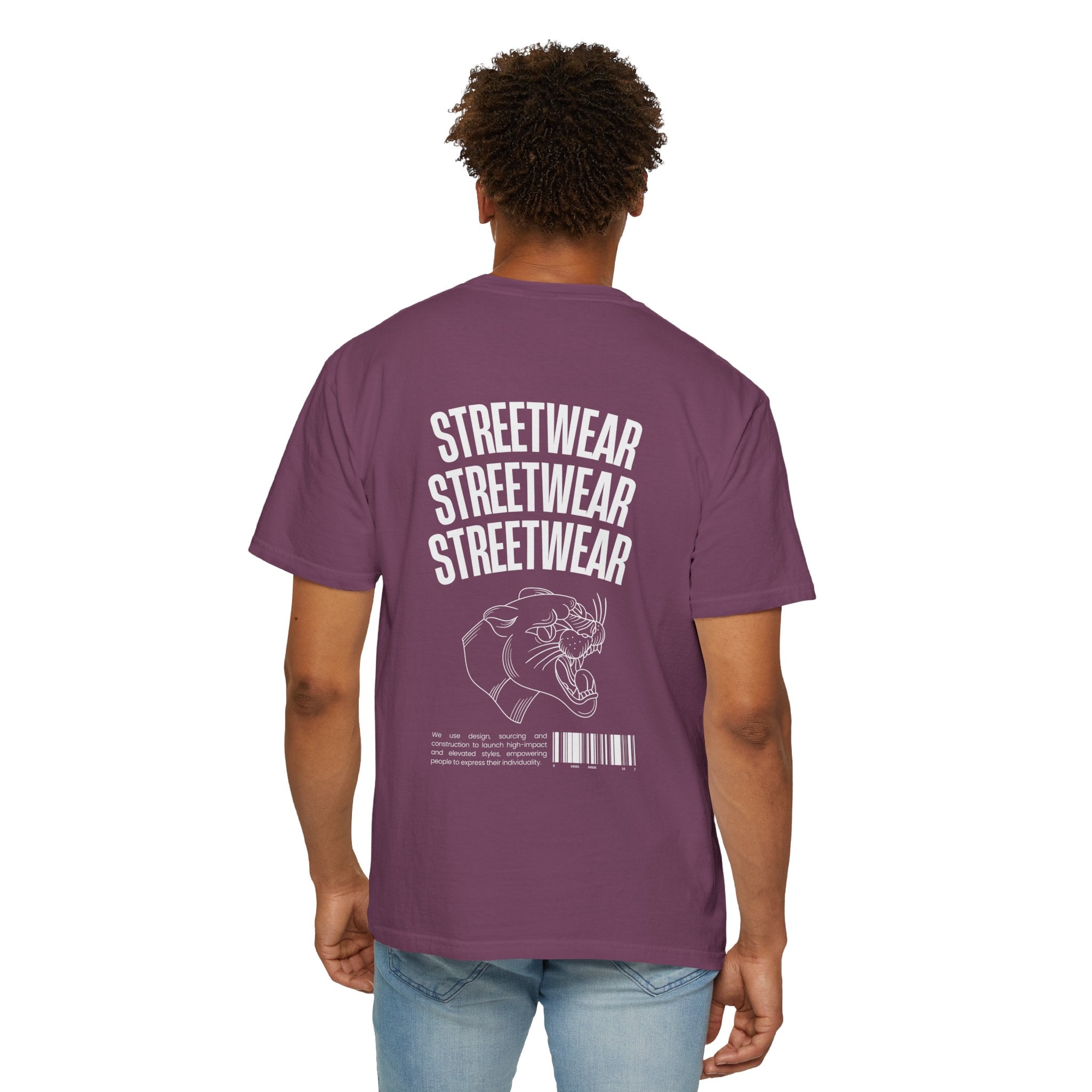 Streetwear Panther T‑Shirt — Graphic Garment-Dyed Tee with 'STREETWEAR' Text & Barcode