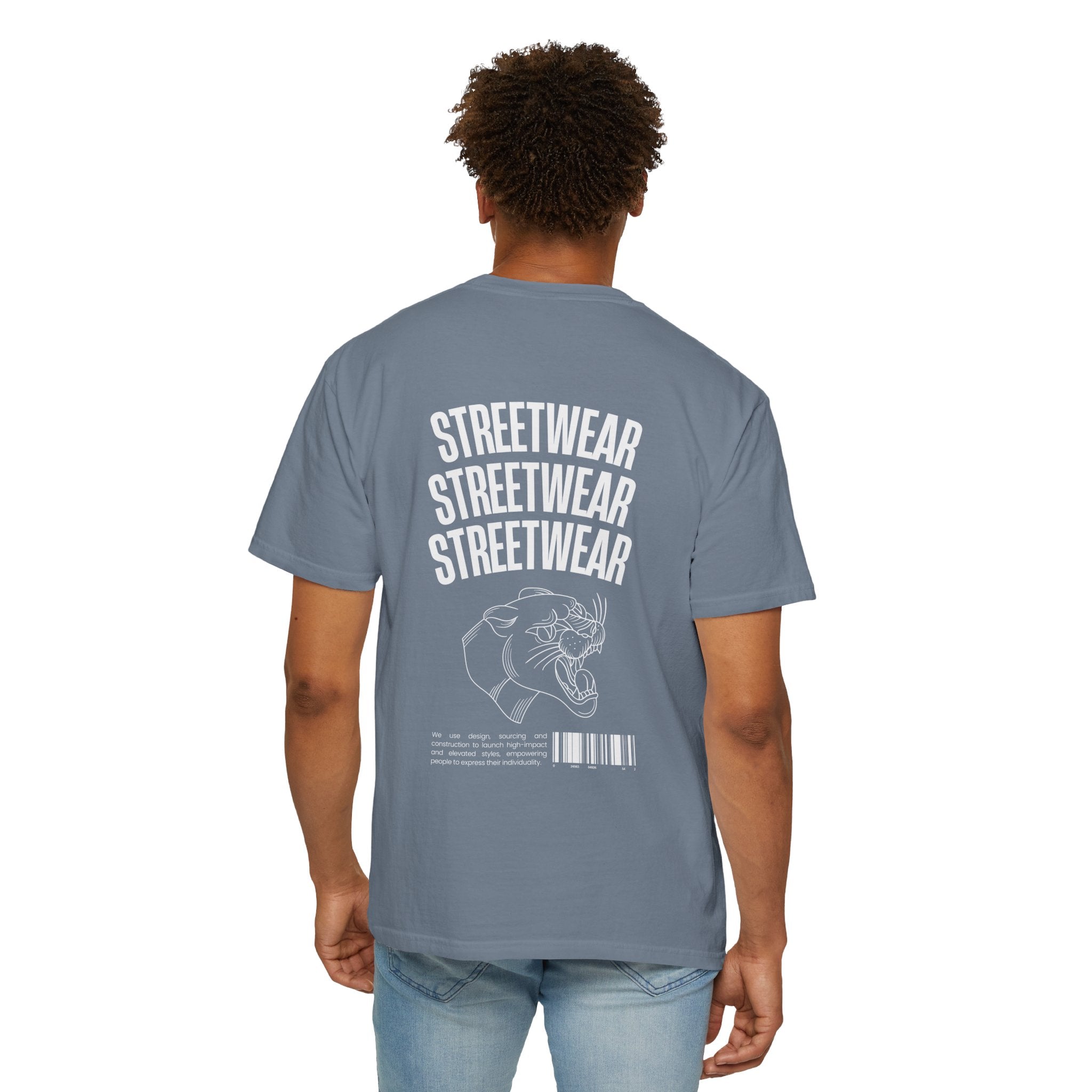 Streetwear Panther T‑Shirt — Graphic Garment-Dyed Tee with 'STREETWEAR' Text & Barcode