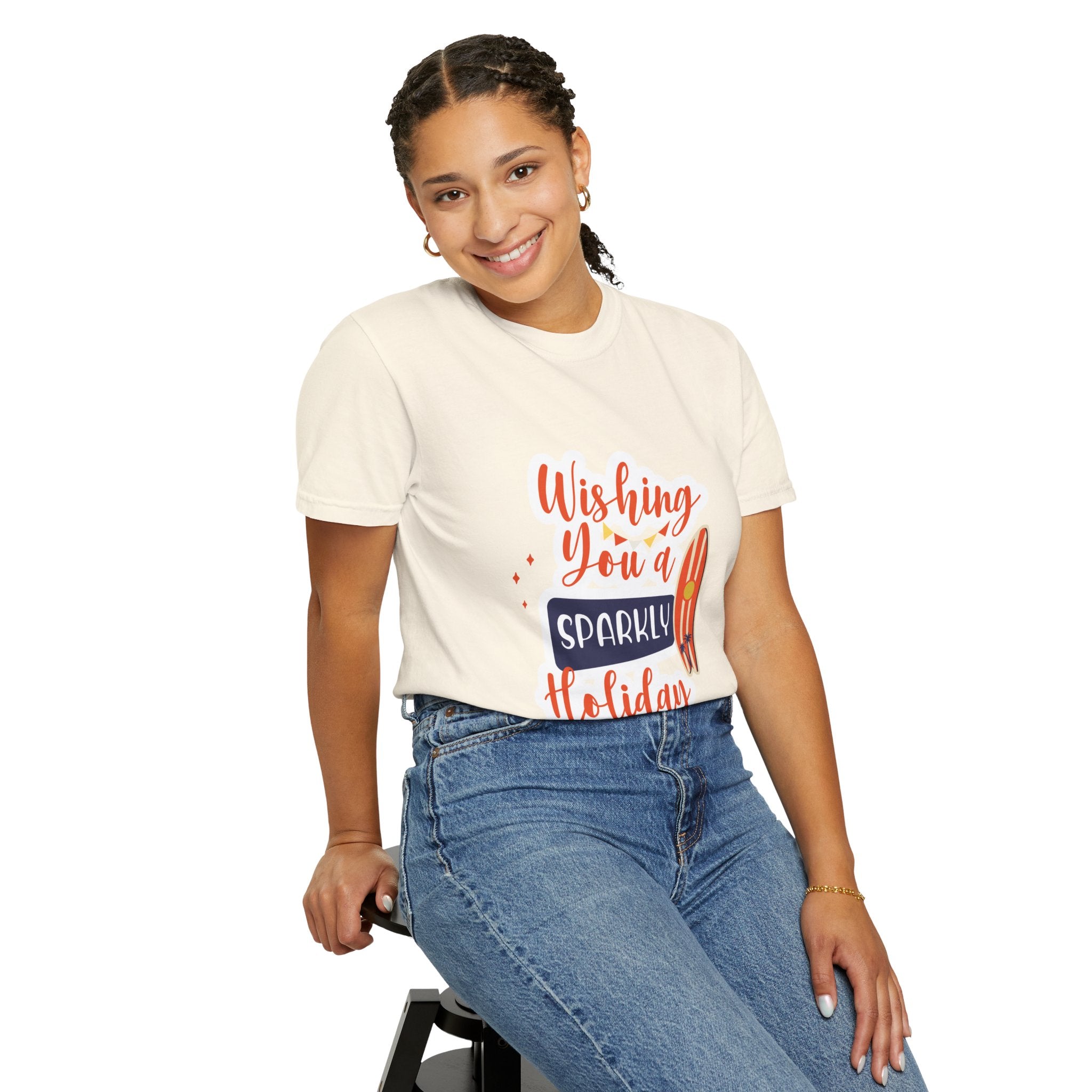 Holiday Surfboard T‑Shirt — "Wishing You a Sparkly Holiday" Beachy Christmas Tee