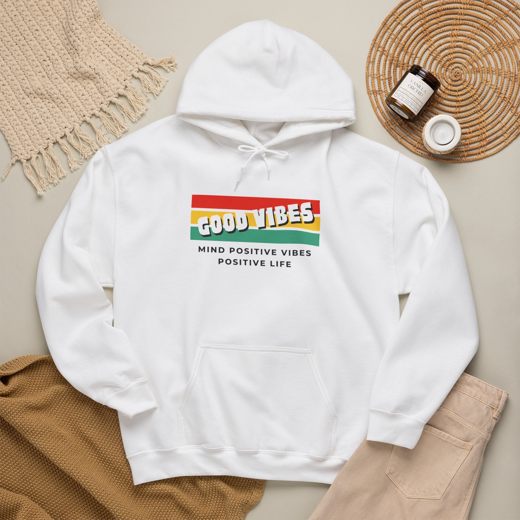 Good Vibes Hoodie — Retro Striped “MIND POSITIVE VIBES • POSITIVE LIFE” Graphic Hoodie