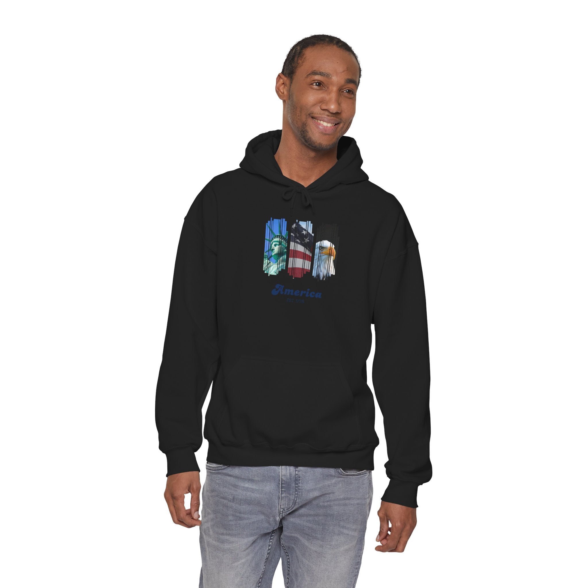 Patriotic America Hoodie – Eagle, Flag & Statue of Liberty Graphic Sweatshirt