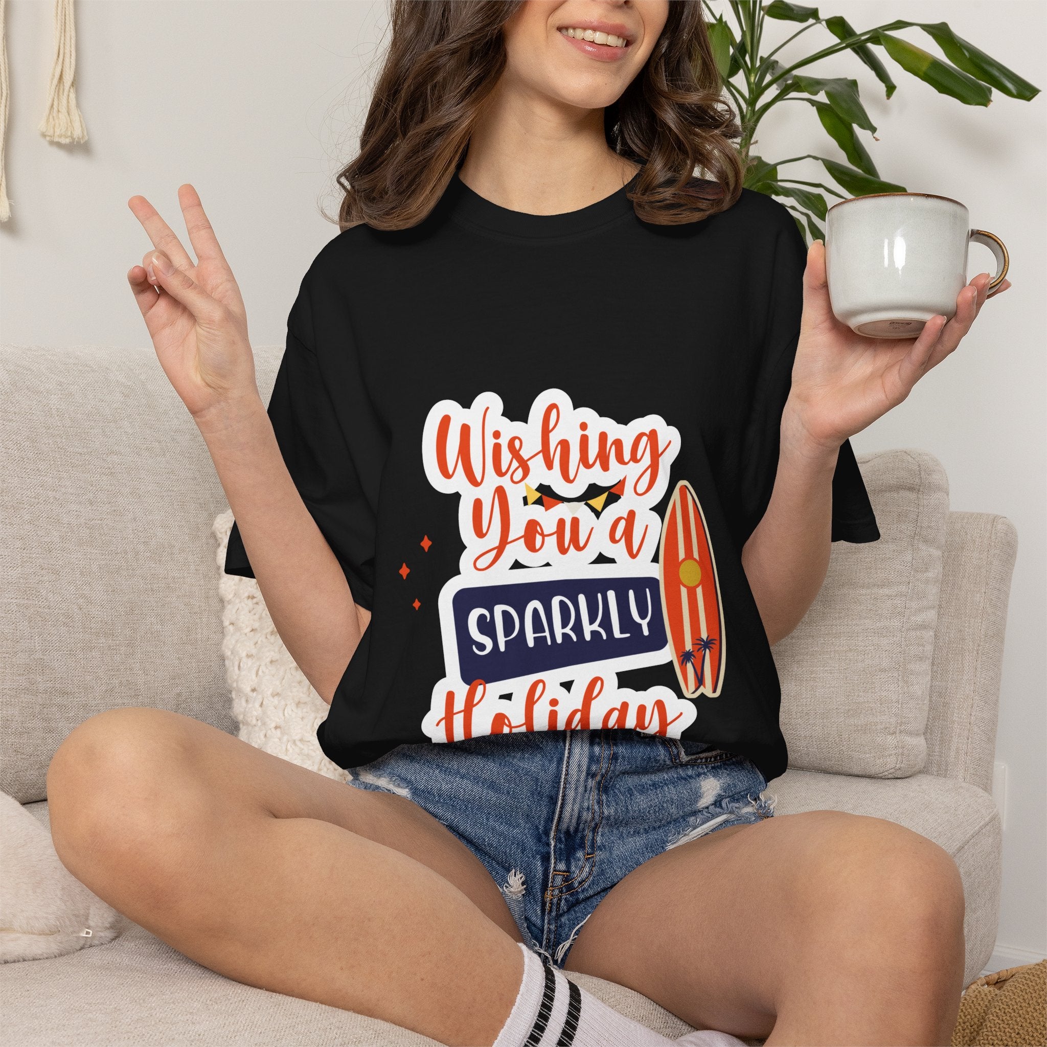 Holiday Surfboard T‑Shirt — "Wishing You a Sparkly Holiday" Beachy Christmas Tee