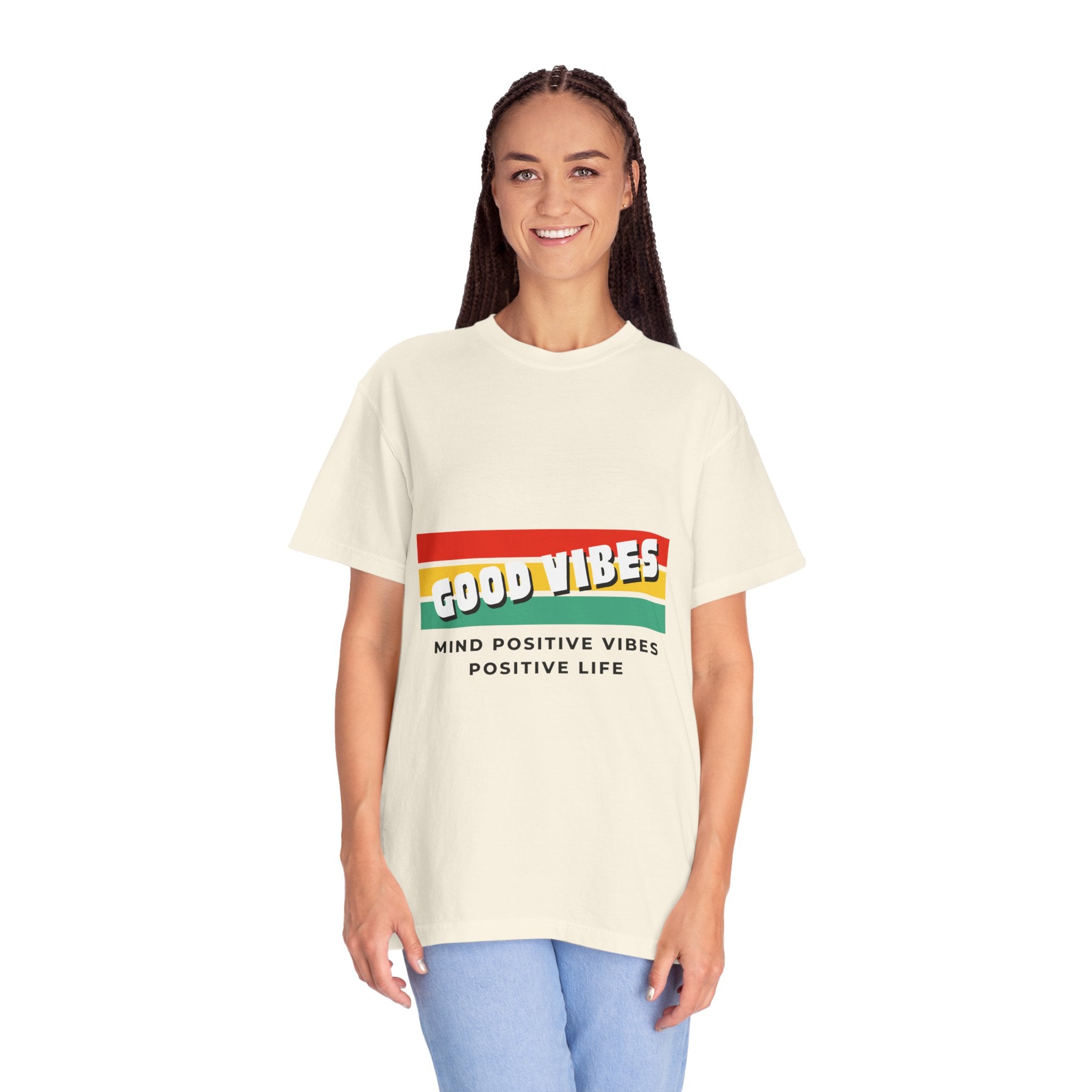 Good Vibes T-Shirt — Retro Stripes “Mind Positive Vibes, Positive Life”