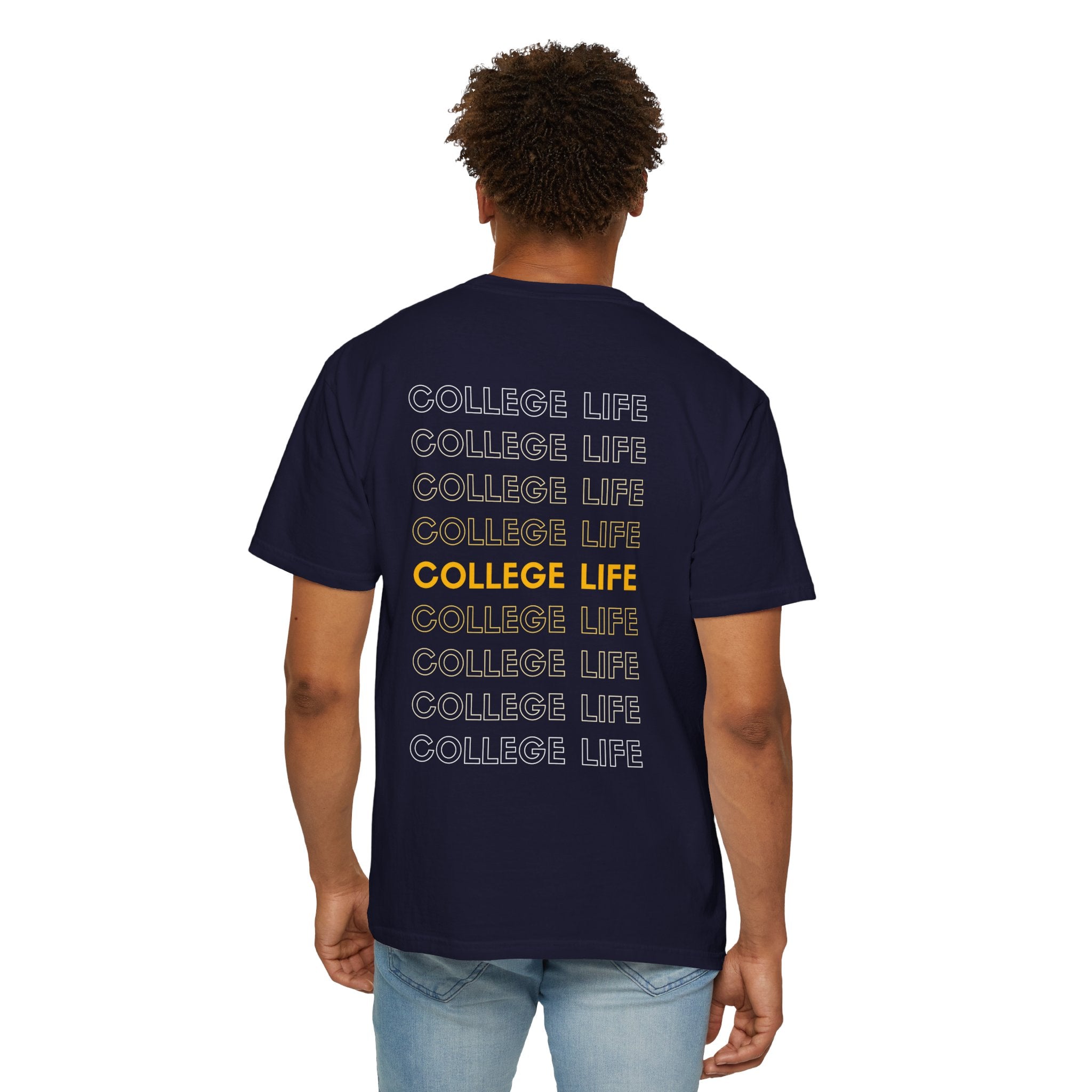 College Life Tee — Retro Repeated Text Graphic T-Shirt