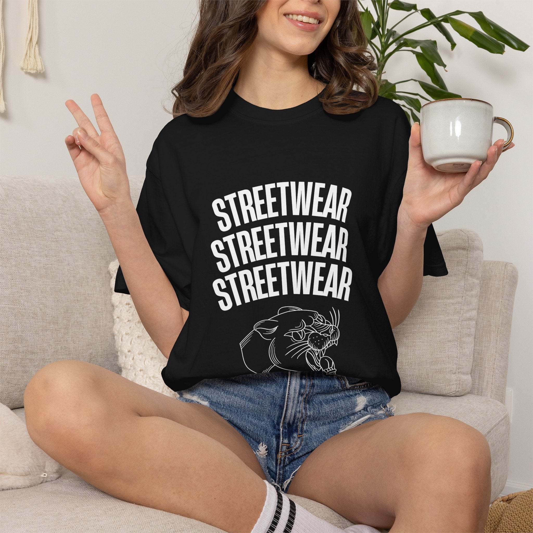 Streetwear Panther T‑Shirt — Graphic Garment-Dyed Tee with 'STREETWEAR' Text & Barcode