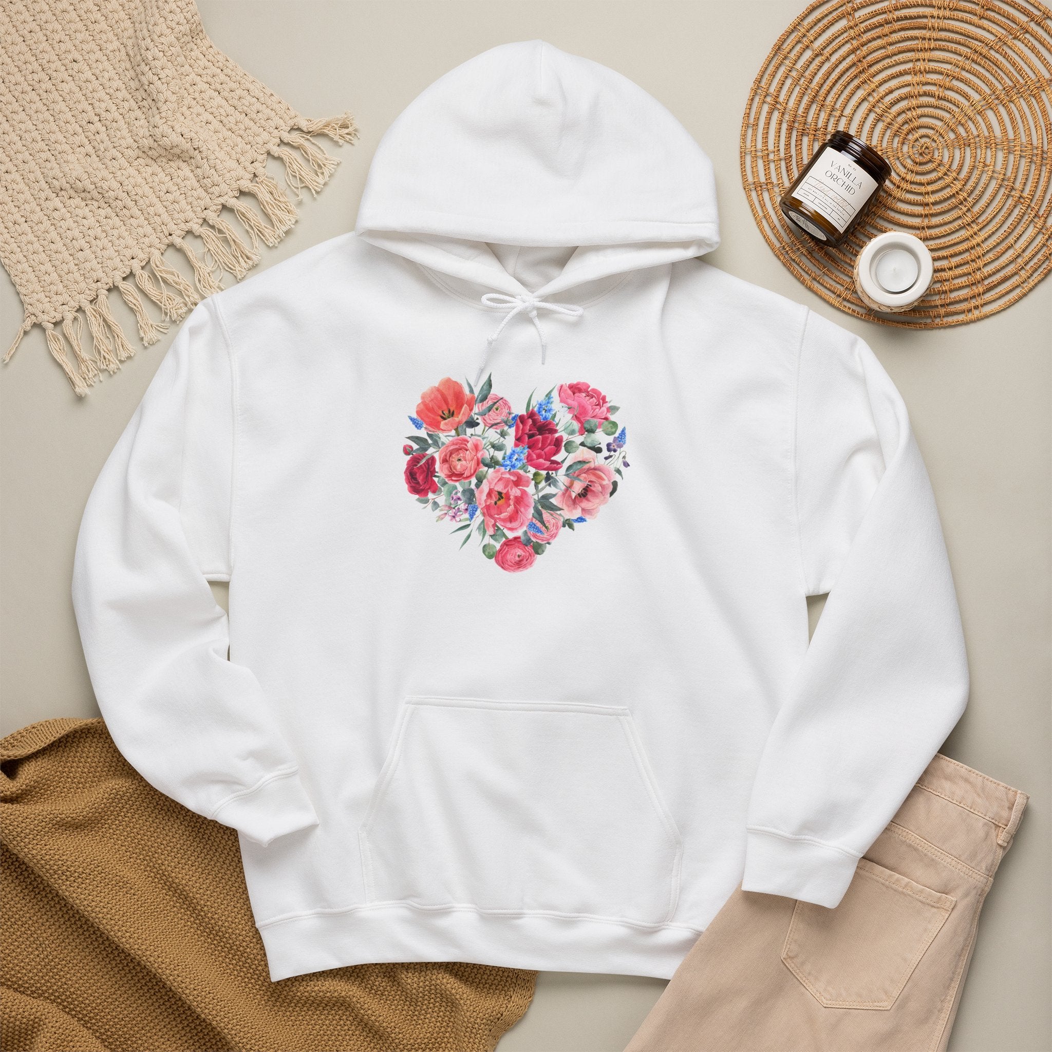 Floral Heart Hoodie — Watercolor Rose Heart Pullover for Women & Teens