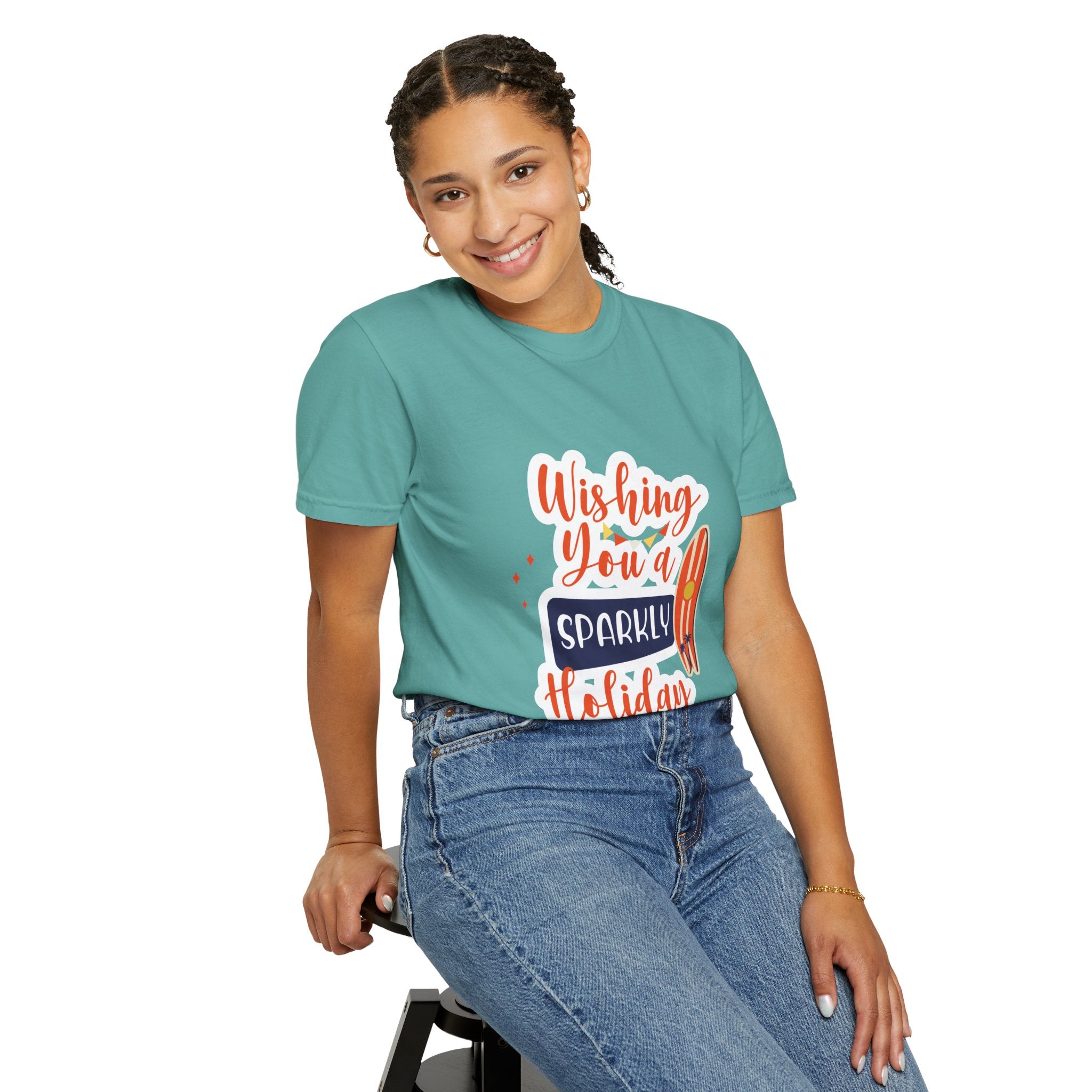 Holiday Surfboard T‑Shirt — "Wishing You a Sparkly Holiday" Beachy Christmas Tee
