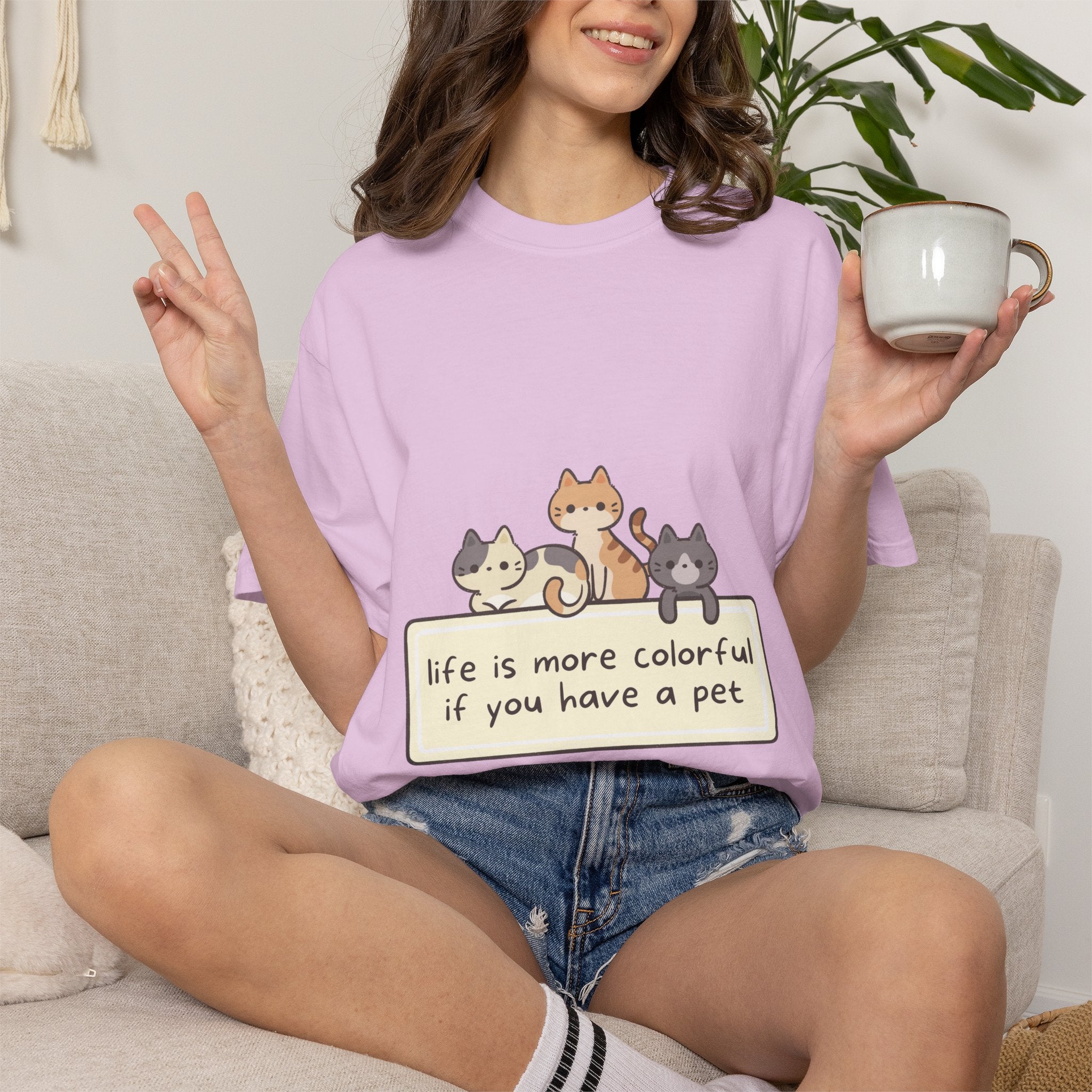 Pet Lover T-Shirt — "Life is More Colorful if You Have a Pet" Cute Cat Illustration