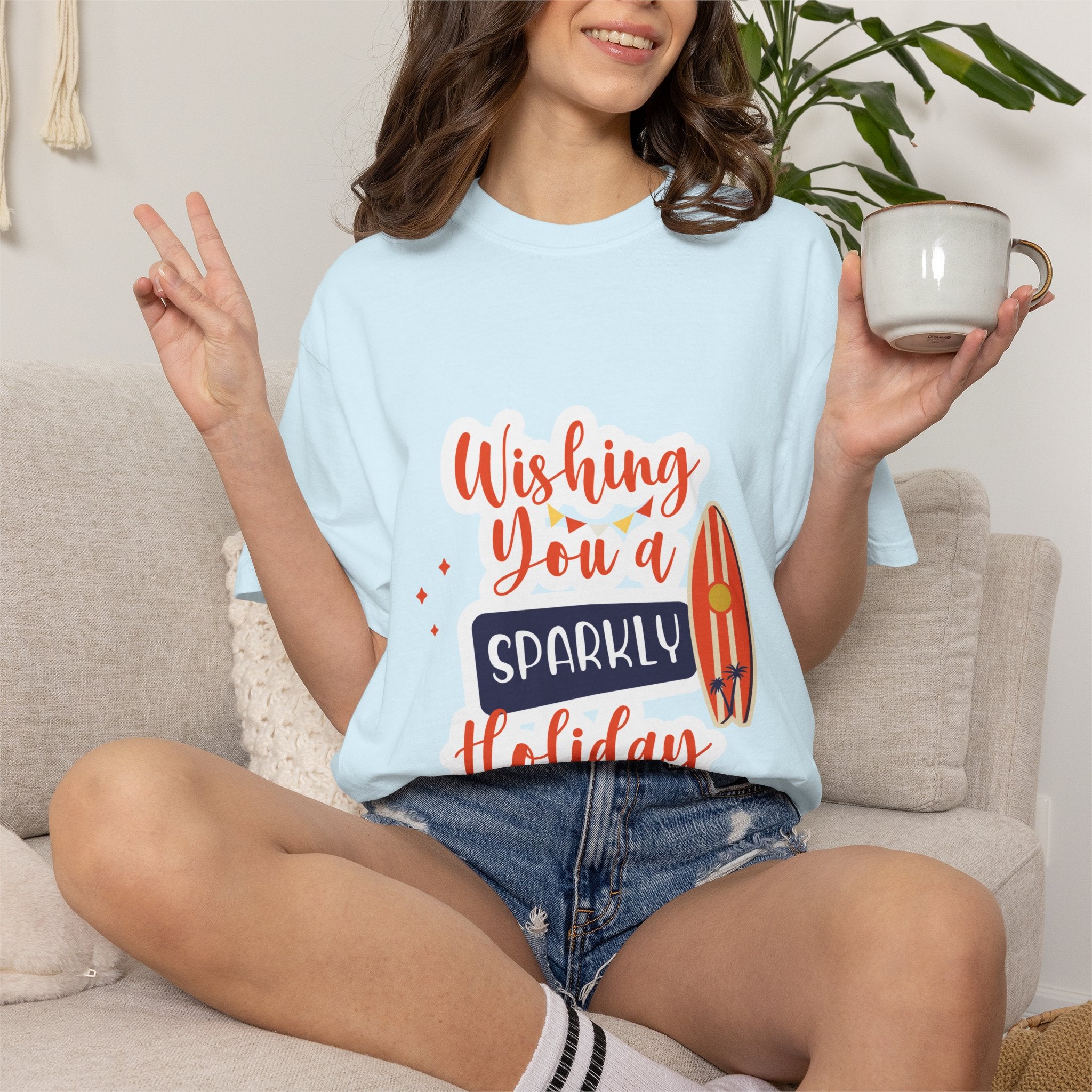 Holiday Surfboard T‑Shirt — "Wishing You a Sparkly Holiday" Beachy Christmas Tee