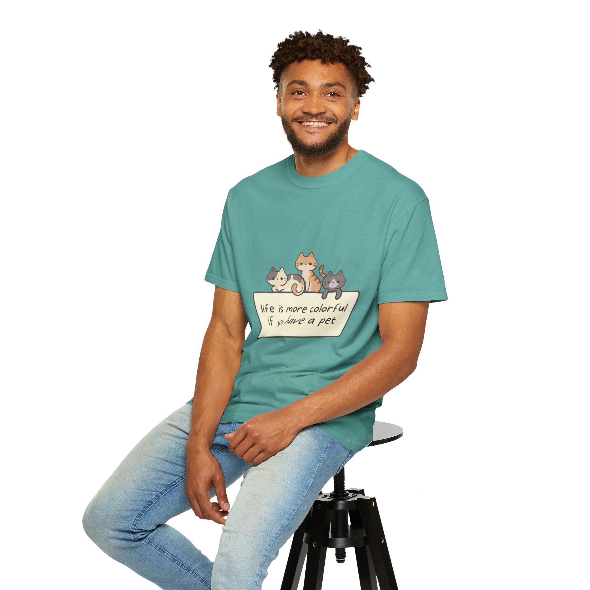 Pet Lover T-Shirt — "Life is More Colorful if You Have a Pet" Cute Cat Illustration