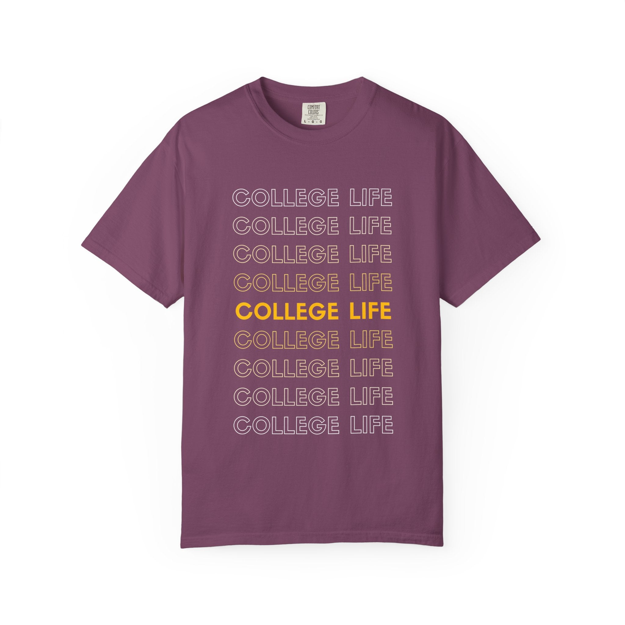 College Life Tee — Retro Repeated Text Graphic T-Shirt