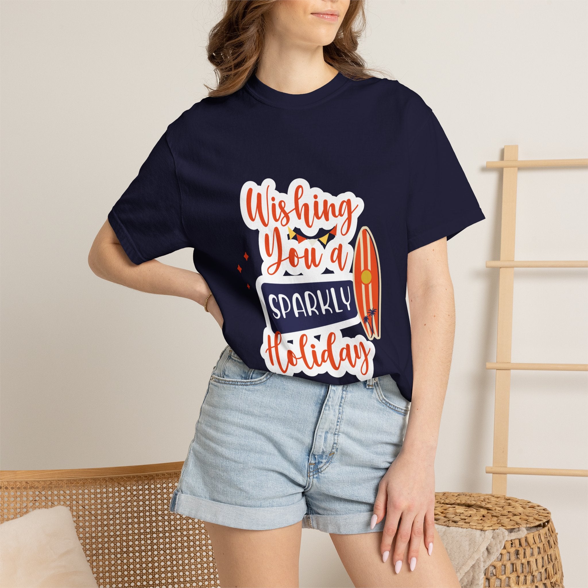 Holiday Surfboard T‑Shirt — "Wishing You a Sparkly Holiday" Beachy Christmas Tee