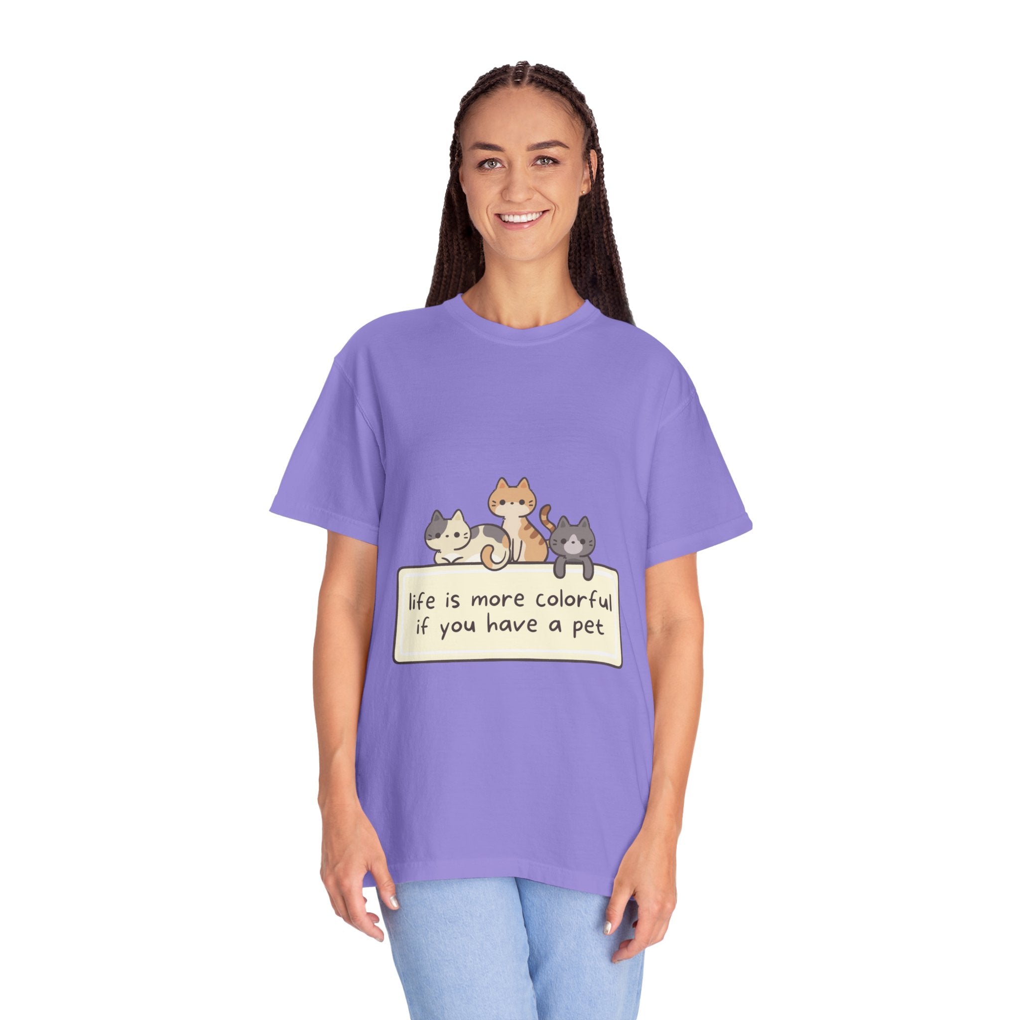Pet Lover T-Shirt — "Life is More Colorful if You Have a Pet" Cute Cat Illustration
