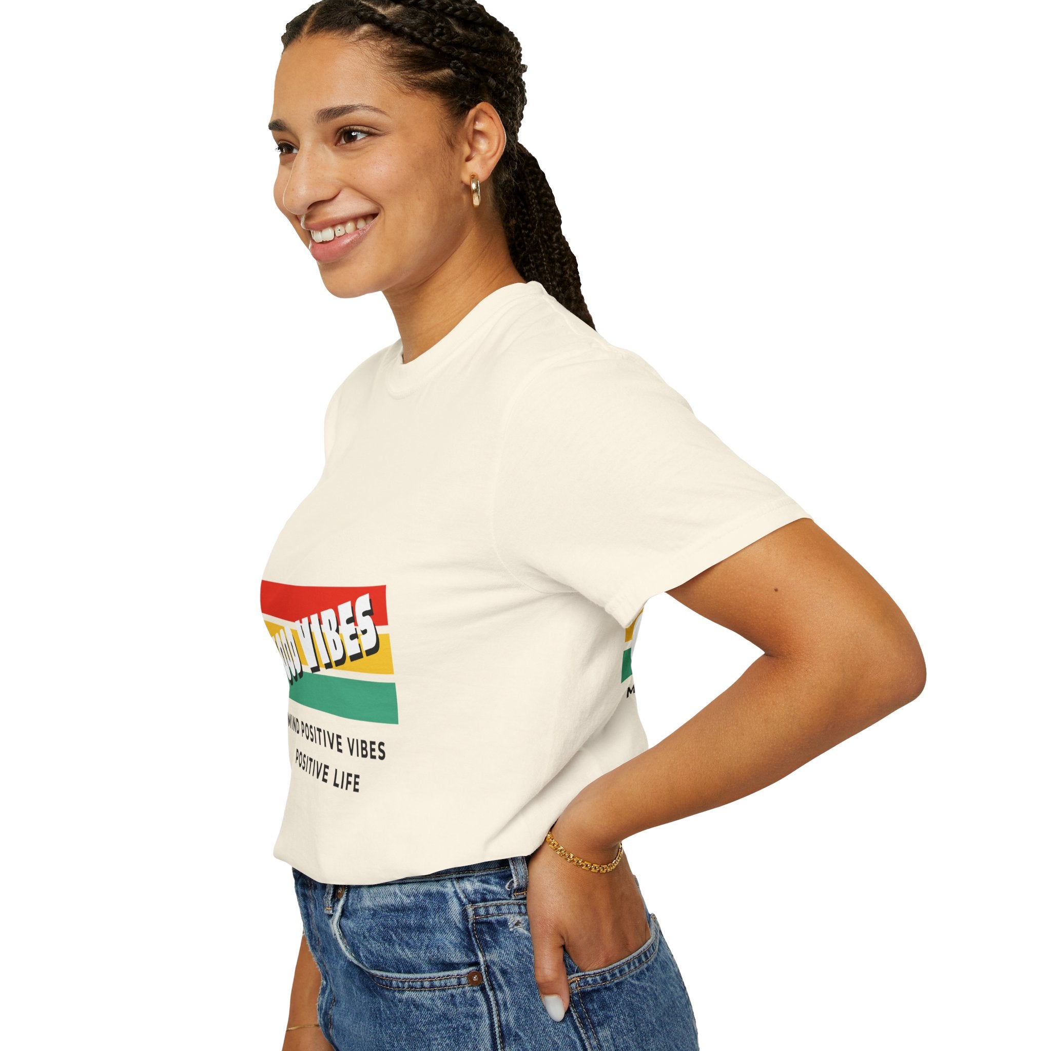 Good Vibes T-Shirt — Retro Stripes “Mind Positive Vibes, Positive Life”
