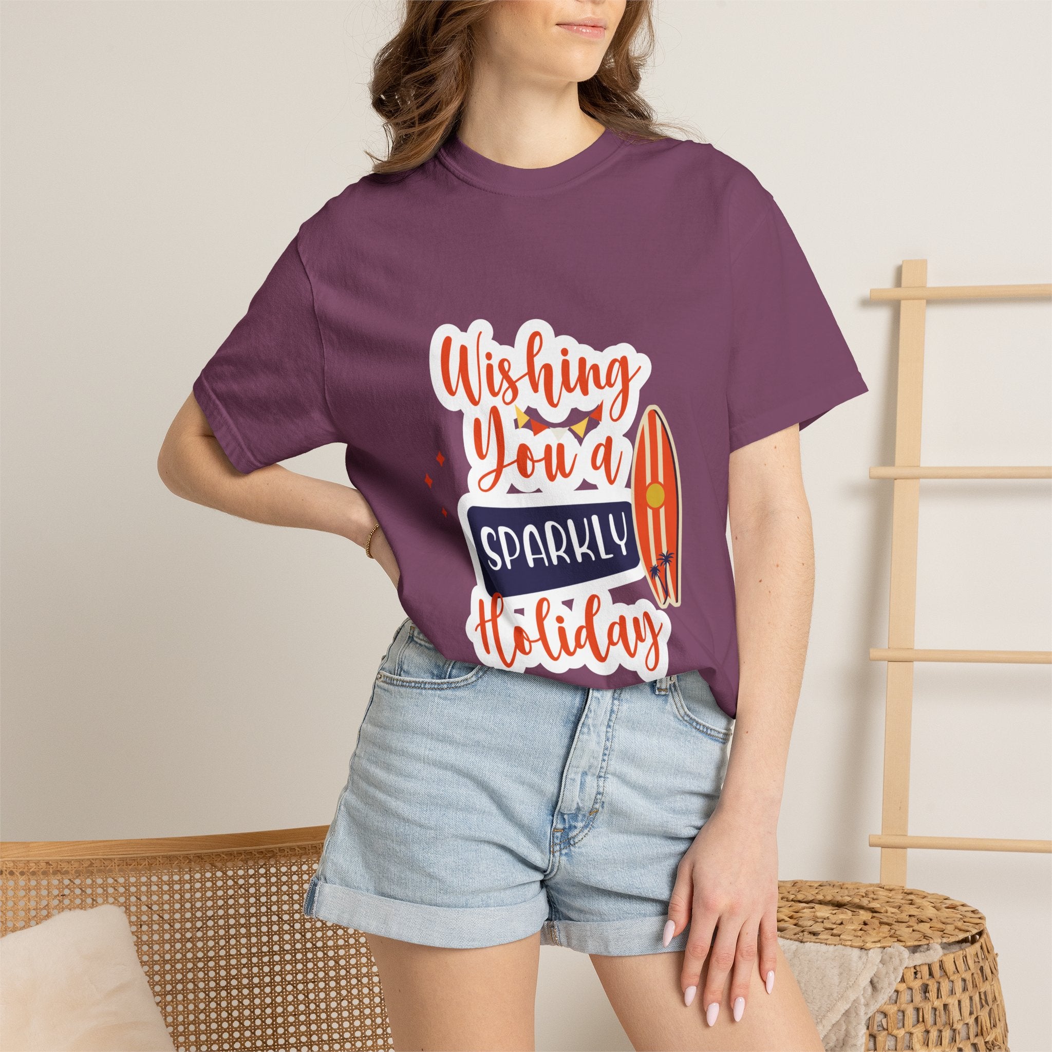 Holiday Surfboard T‑Shirt — "Wishing You a Sparkly Holiday" Beachy Christmas Tee
