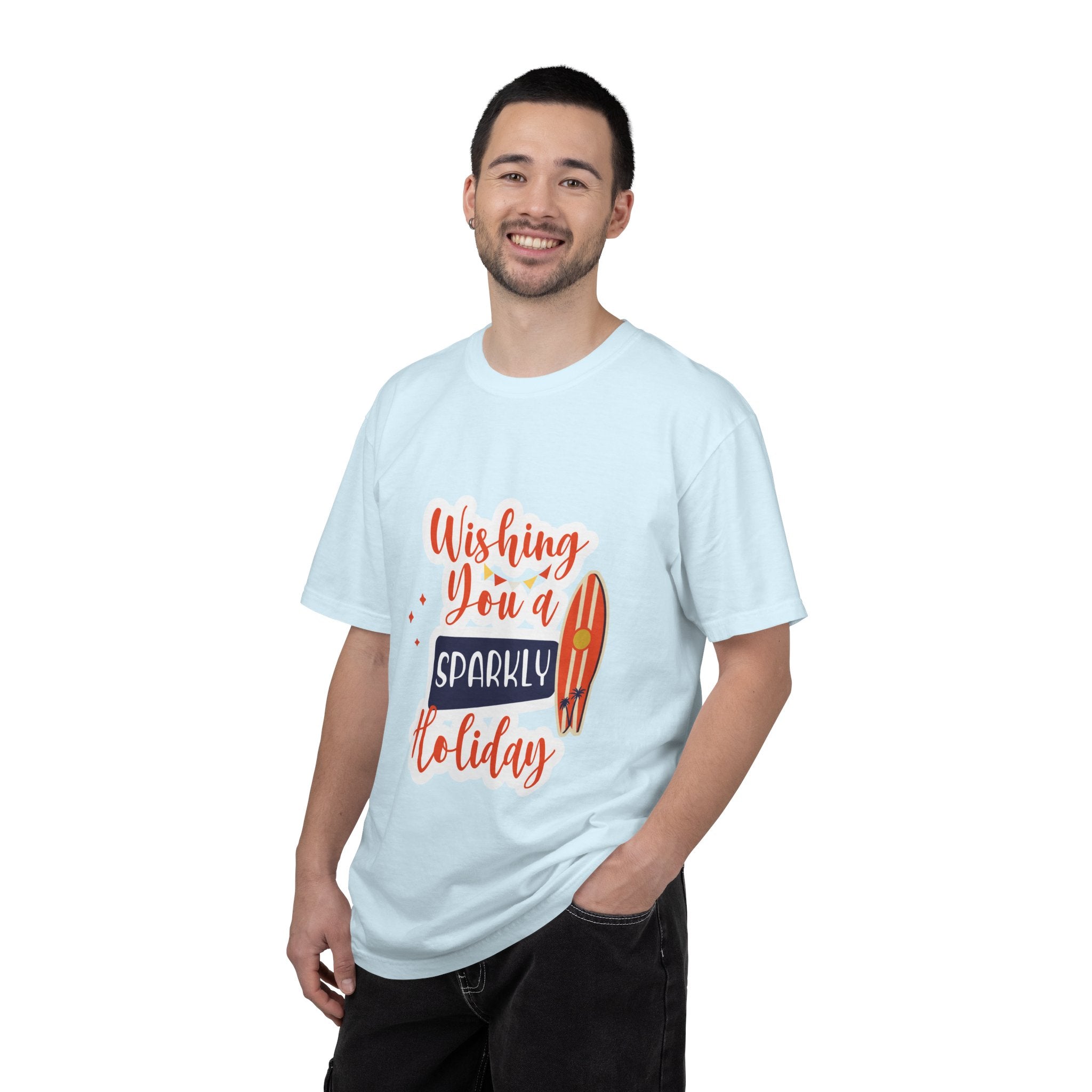 Holiday Surfboard T‑Shirt — "Wishing You a Sparkly Holiday" Beachy Christmas Tee