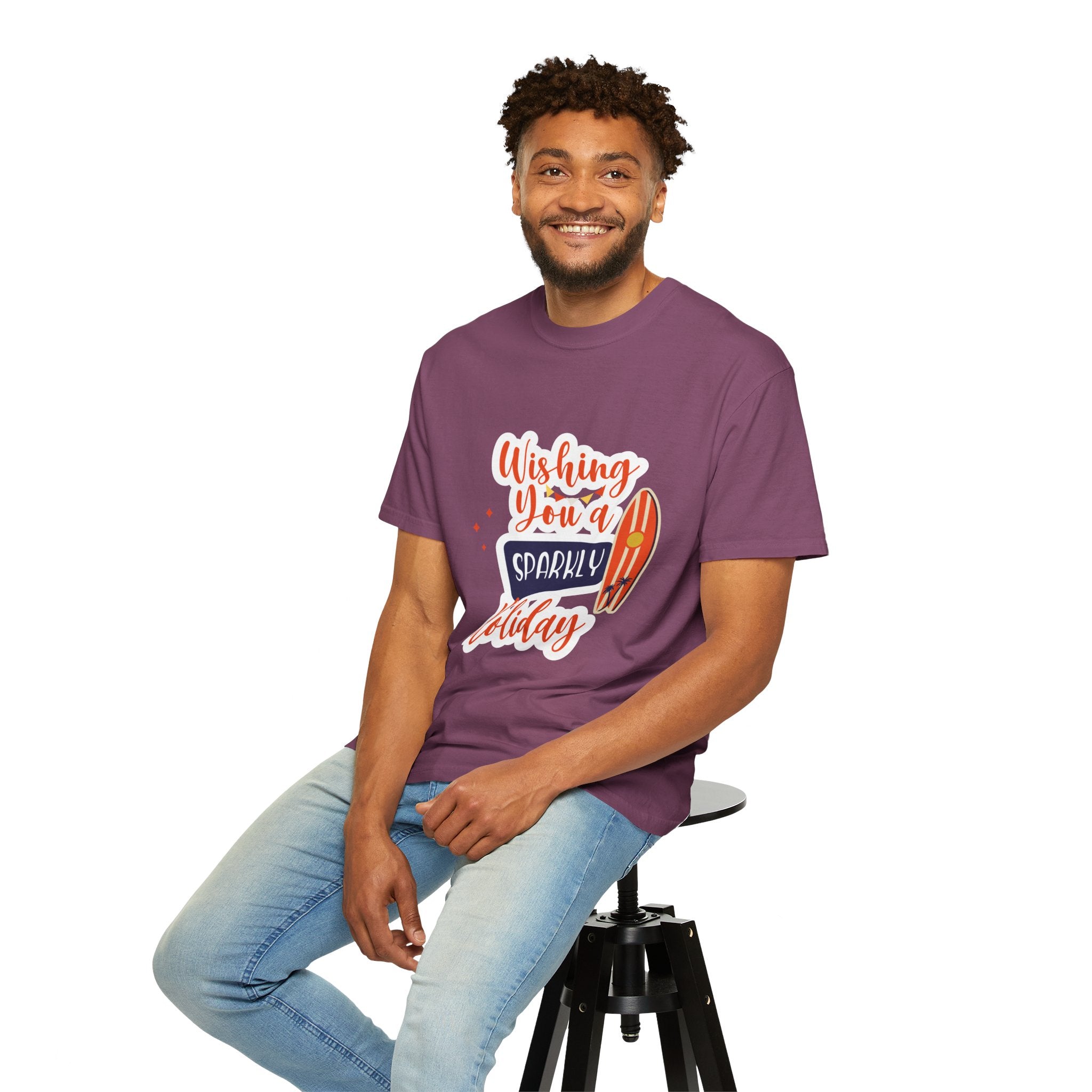 Holiday Surfboard T‑Shirt — "Wishing You a Sparkly Holiday" Beachy Christmas Tee