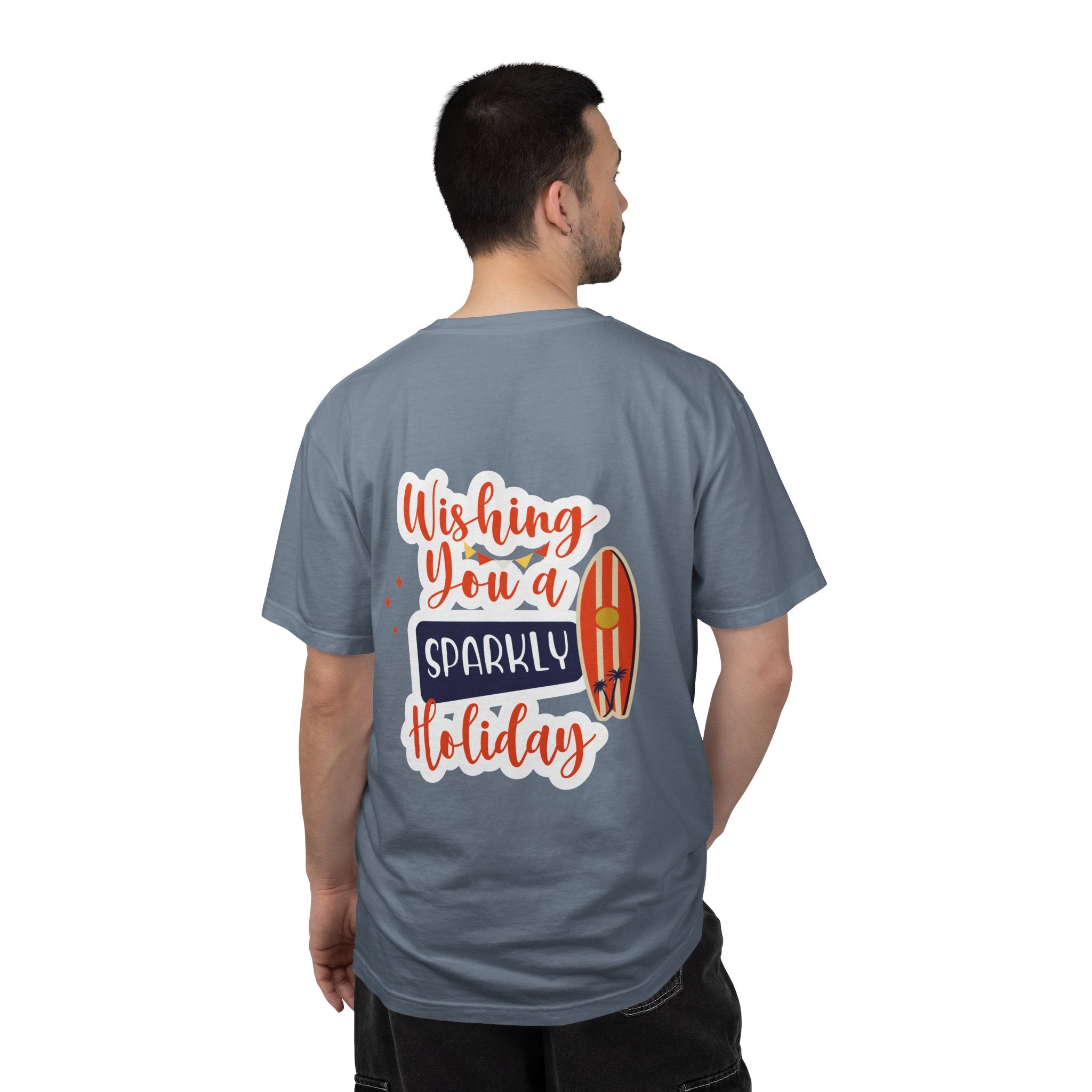 Holiday Surfboard T‑Shirt — "Wishing You a Sparkly Holiday" Beachy Christmas Tee