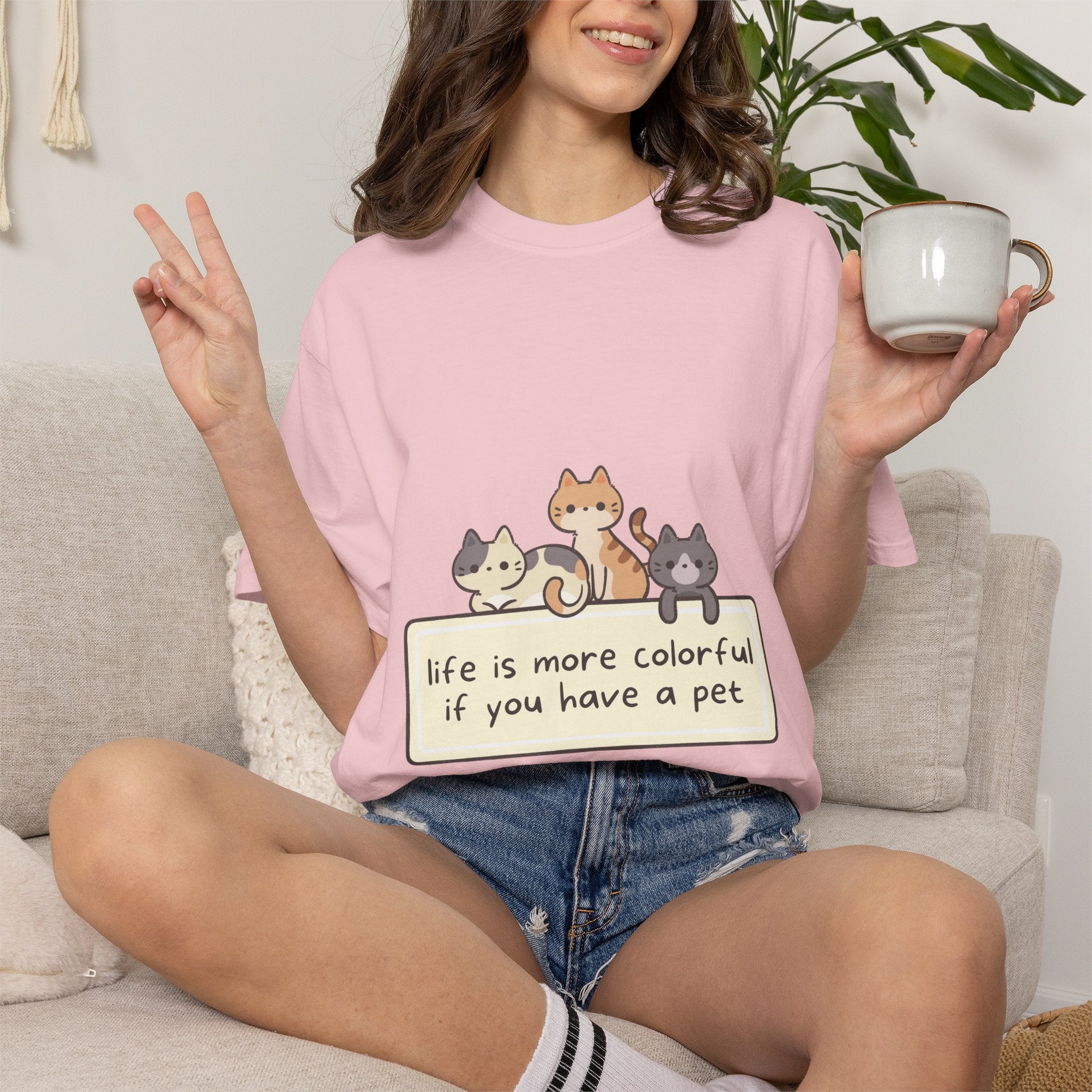Pet Lover T-Shirt — "Life is More Colorful if You Have a Pet" Cute Cat Illustration