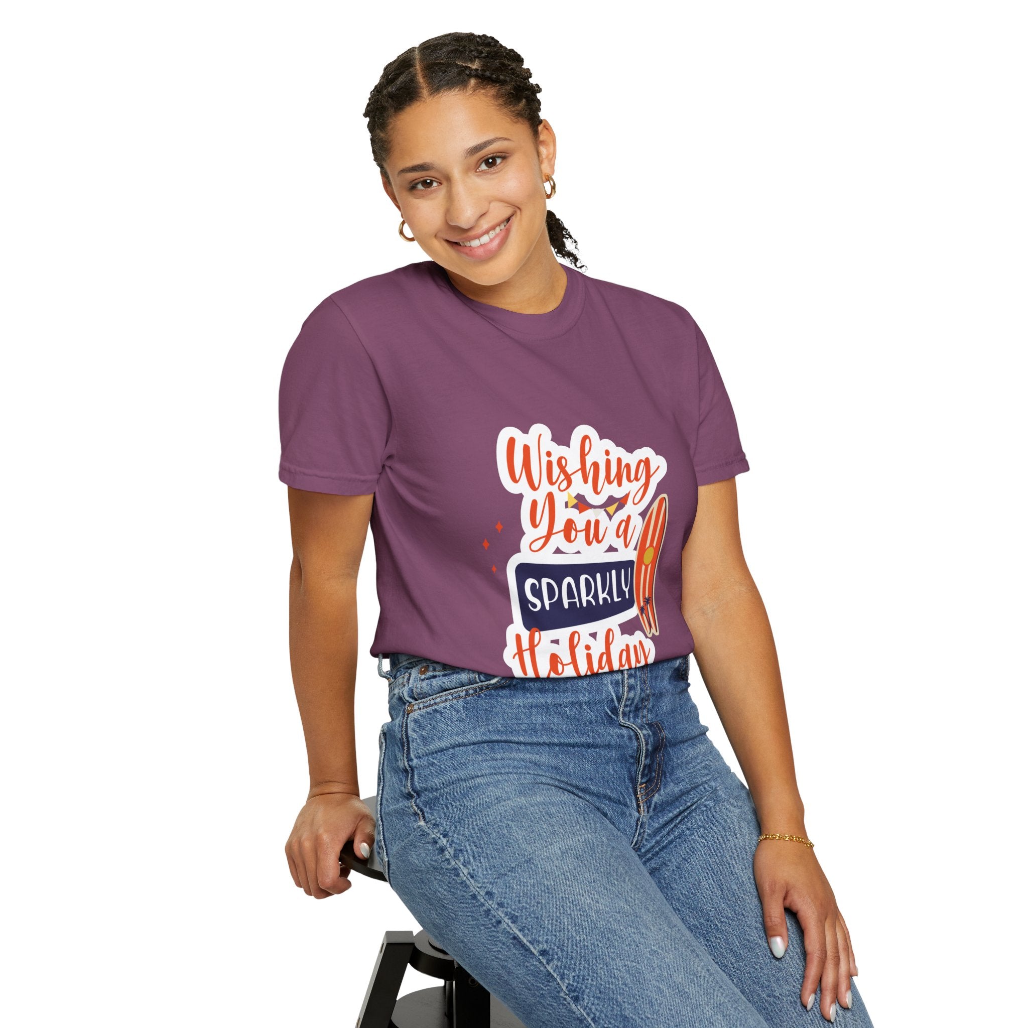 Holiday Surfboard T‑Shirt — "Wishing You a Sparkly Holiday" Beachy Christmas Tee