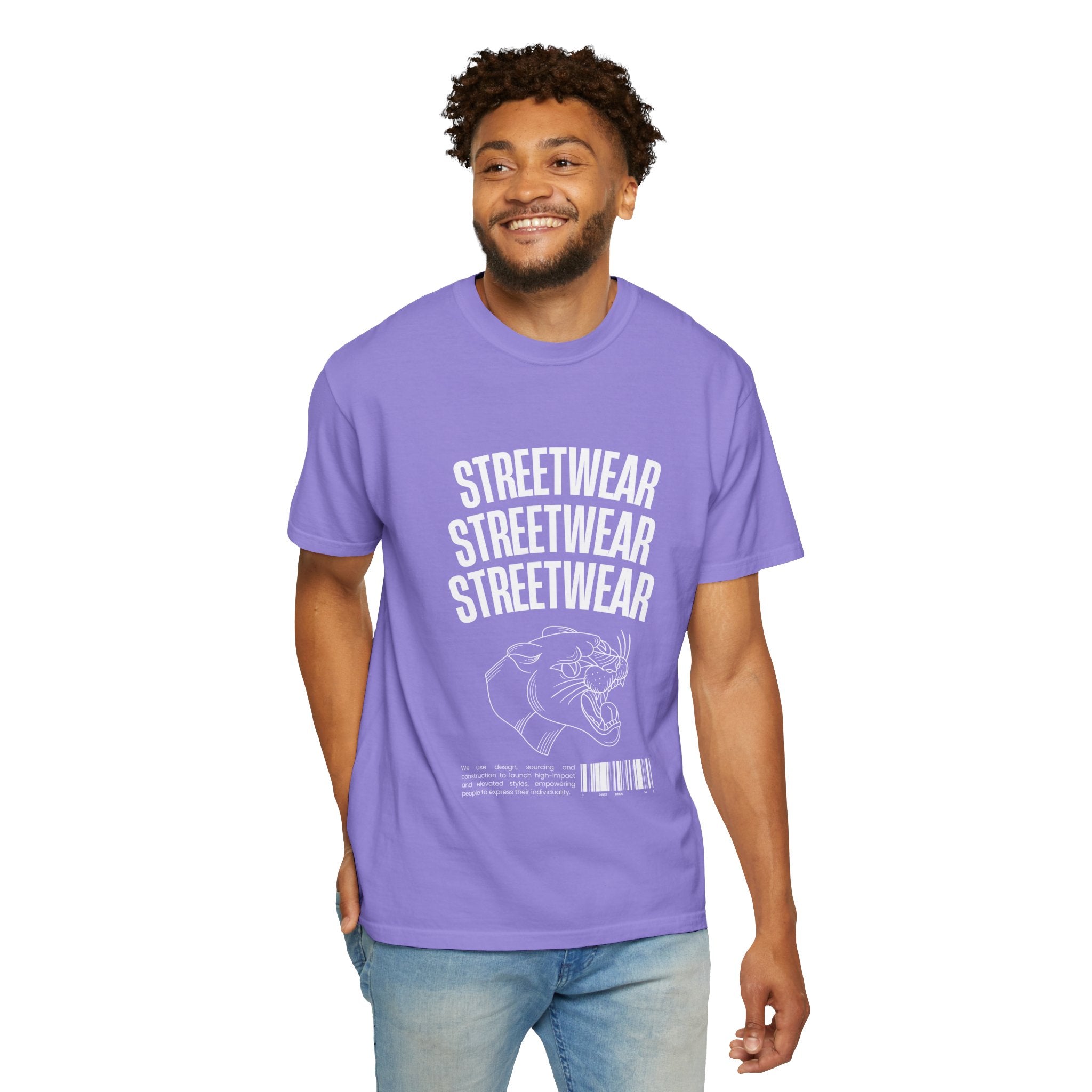 Streetwear Panther T‑Shirt — Graphic Garment-Dyed Tee with 'STREETWEAR' Text & Barcode