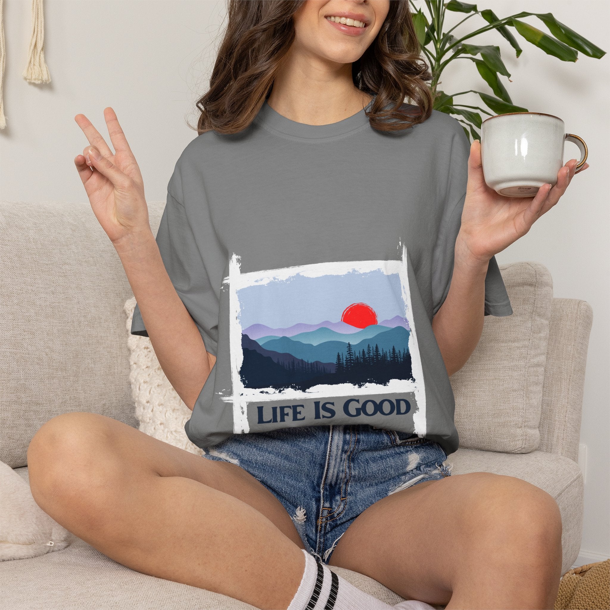 Life Is Good Mountain T-Shirt — Scenic Sunrise Graphic Tee