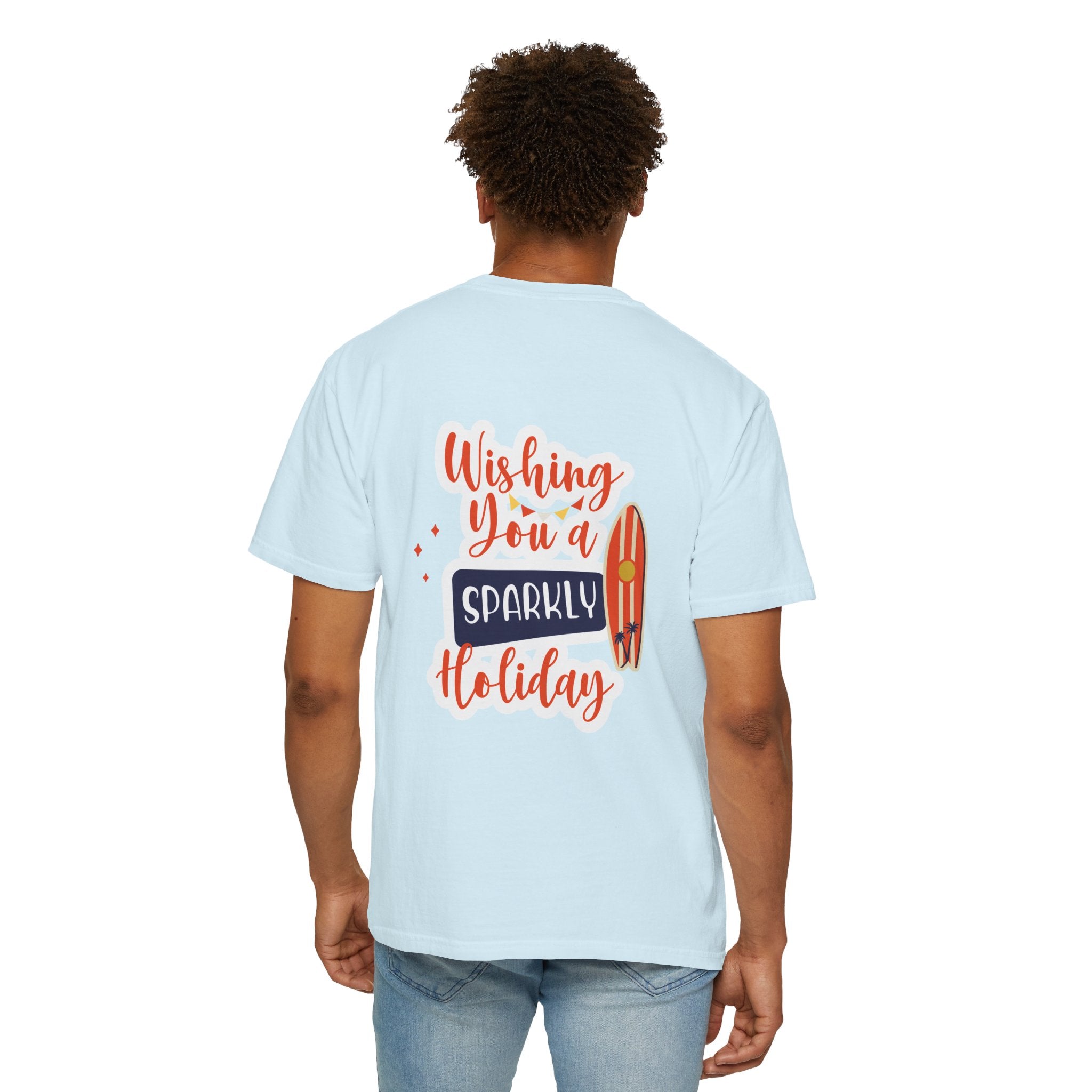 Holiday Surfboard T‑Shirt — "Wishing You a Sparkly Holiday" Beachy Christmas Tee