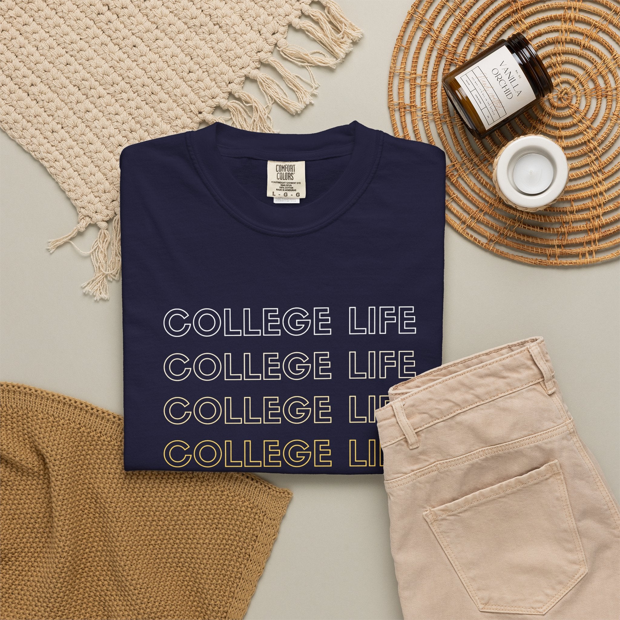 College Life Tee — Retro Repeated Text Graphic T-Shirt