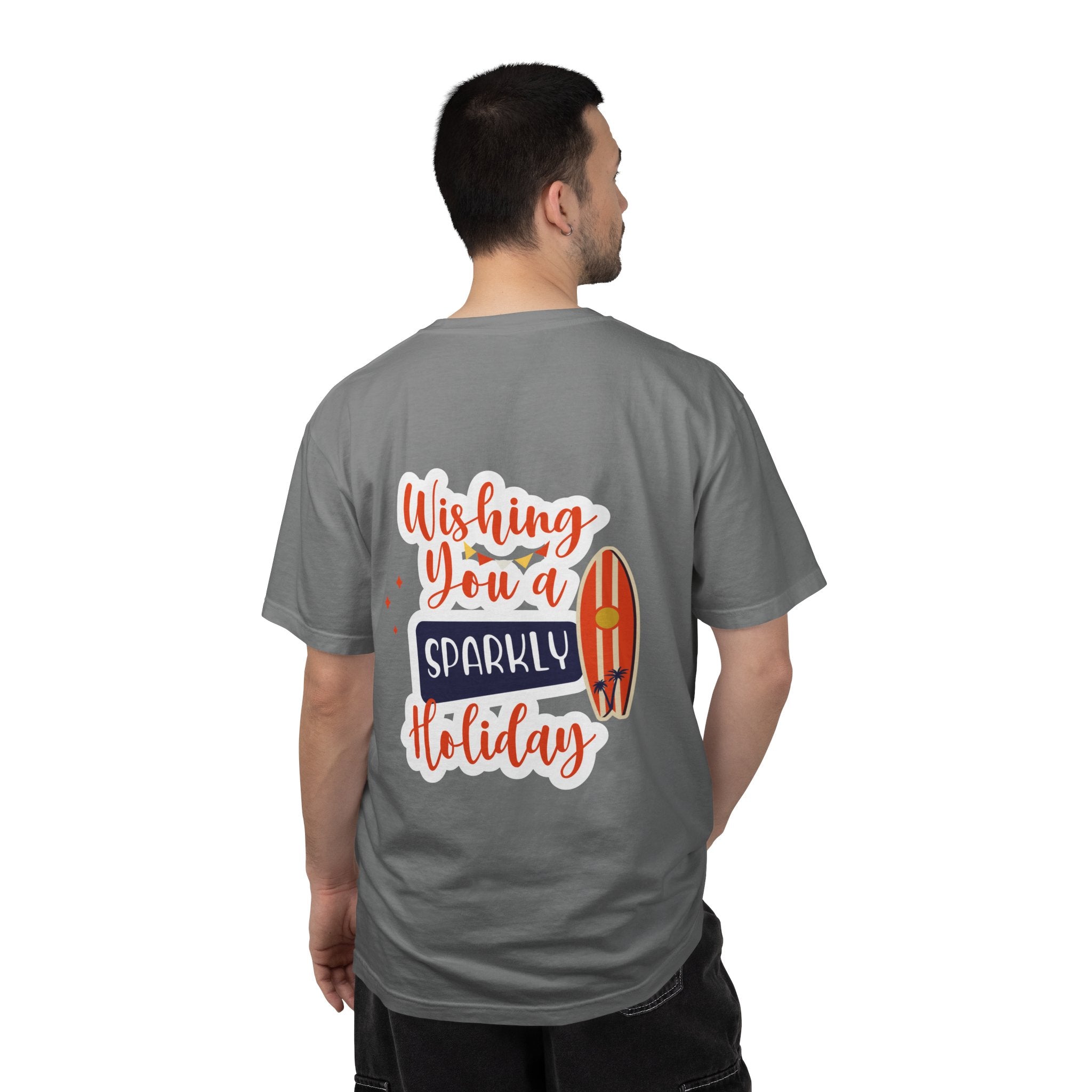 Holiday Surfboard T‑Shirt — "Wishing You a Sparkly Holiday" Beachy Christmas Tee