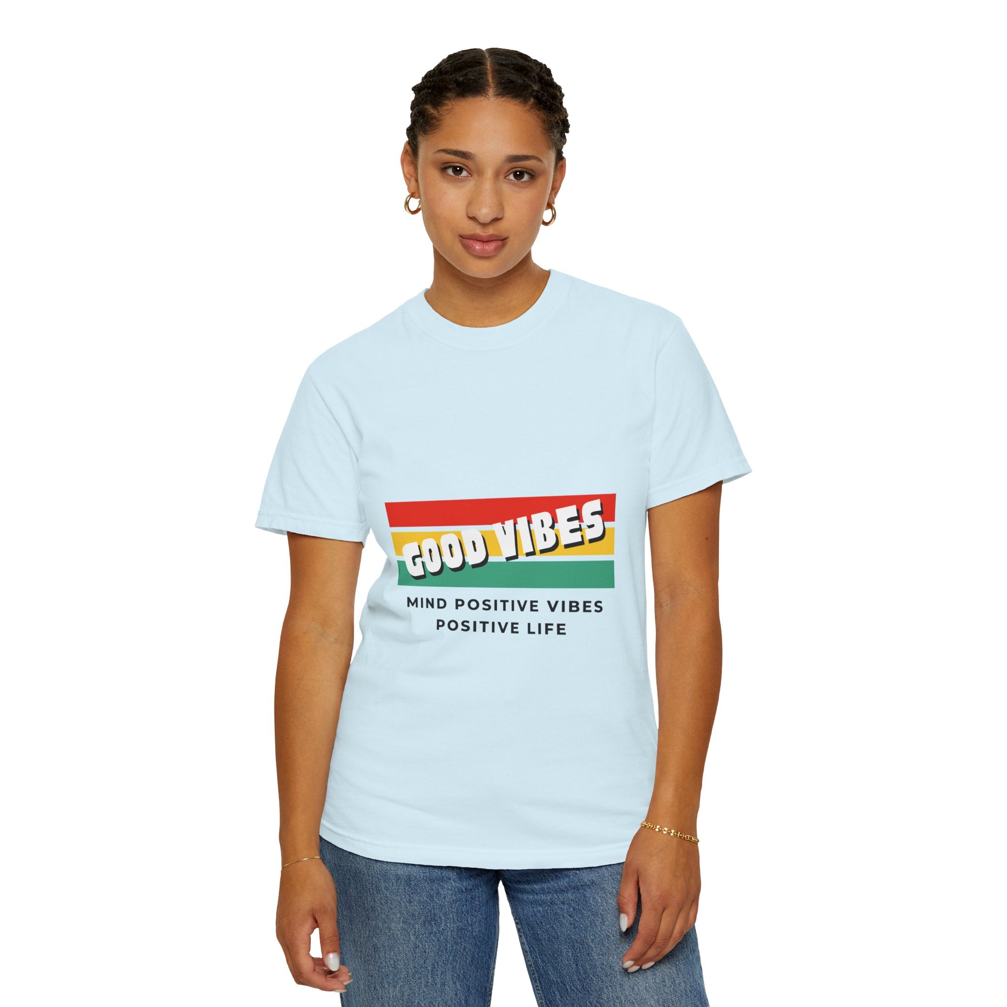 Good Vibes T-Shirt — Retro Stripes “Mind Positive Vibes, Positive Life”