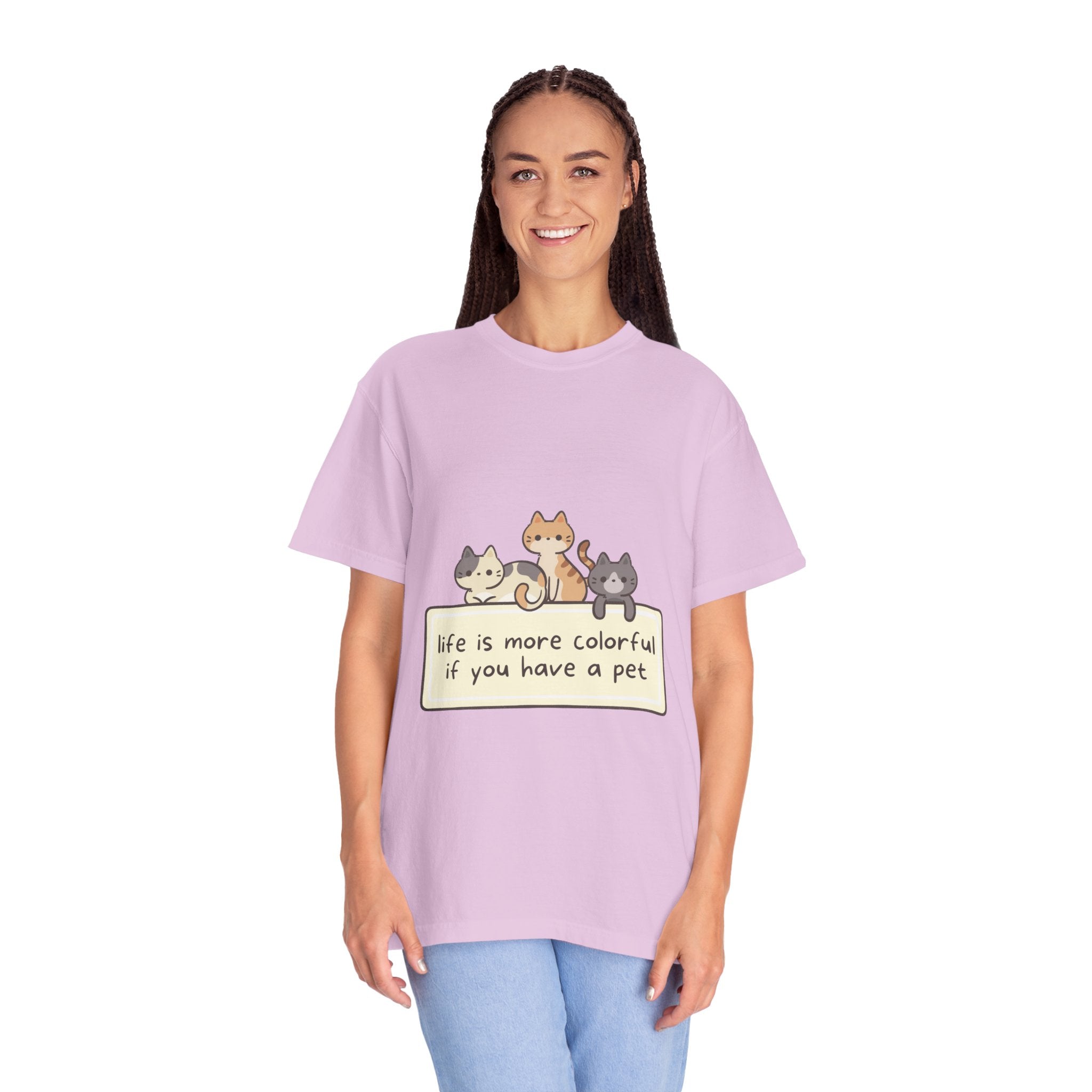 Pet Lover T-Shirt — "Life is More Colorful if You Have a Pet" Cute Cat Illustration