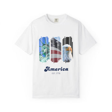 America Graphic T-Shirt — Statue of Liberty & Bald Eagle Patriotic Tee (Est. 1776)