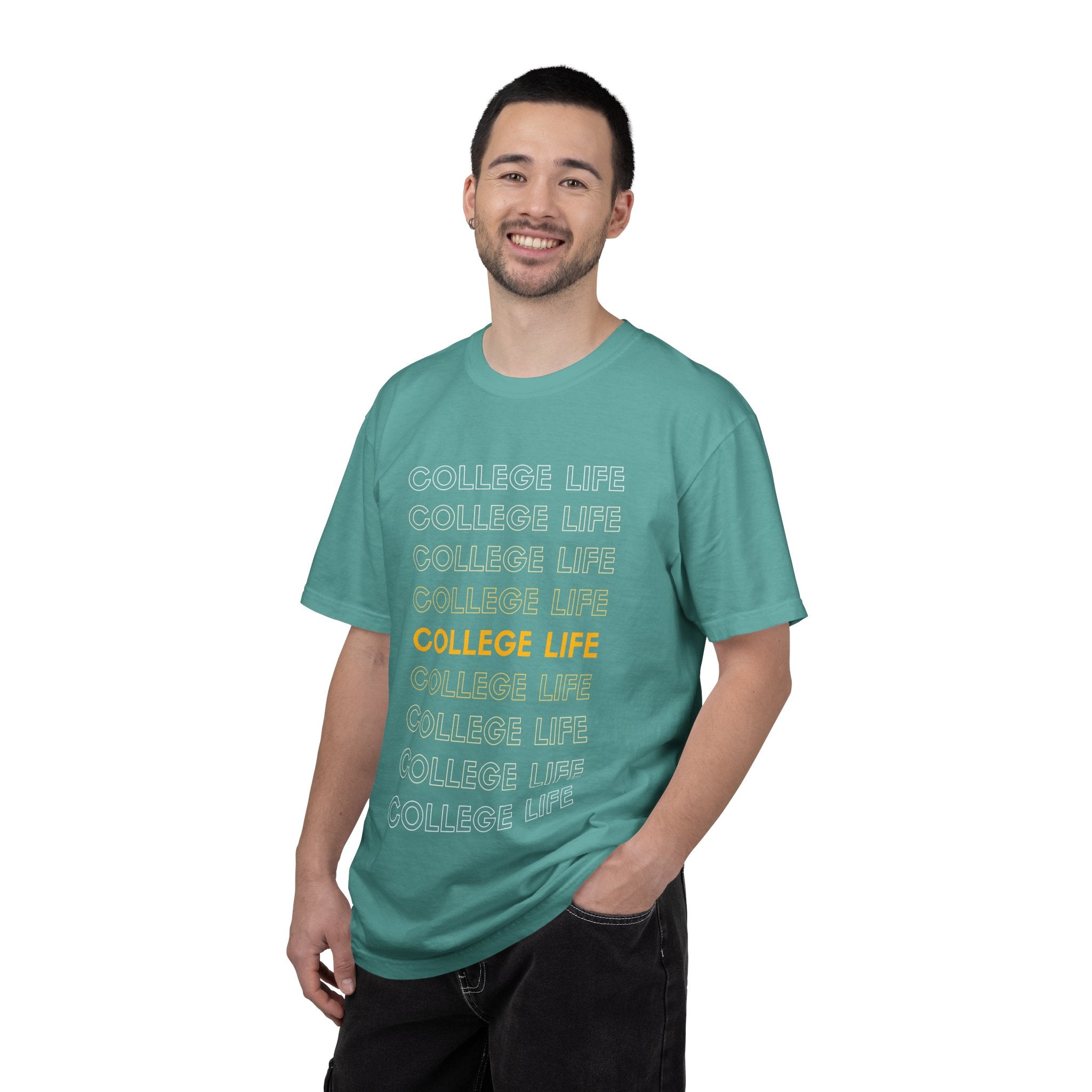 College Life Tee — Retro Repeated Text Graphic T-Shirt