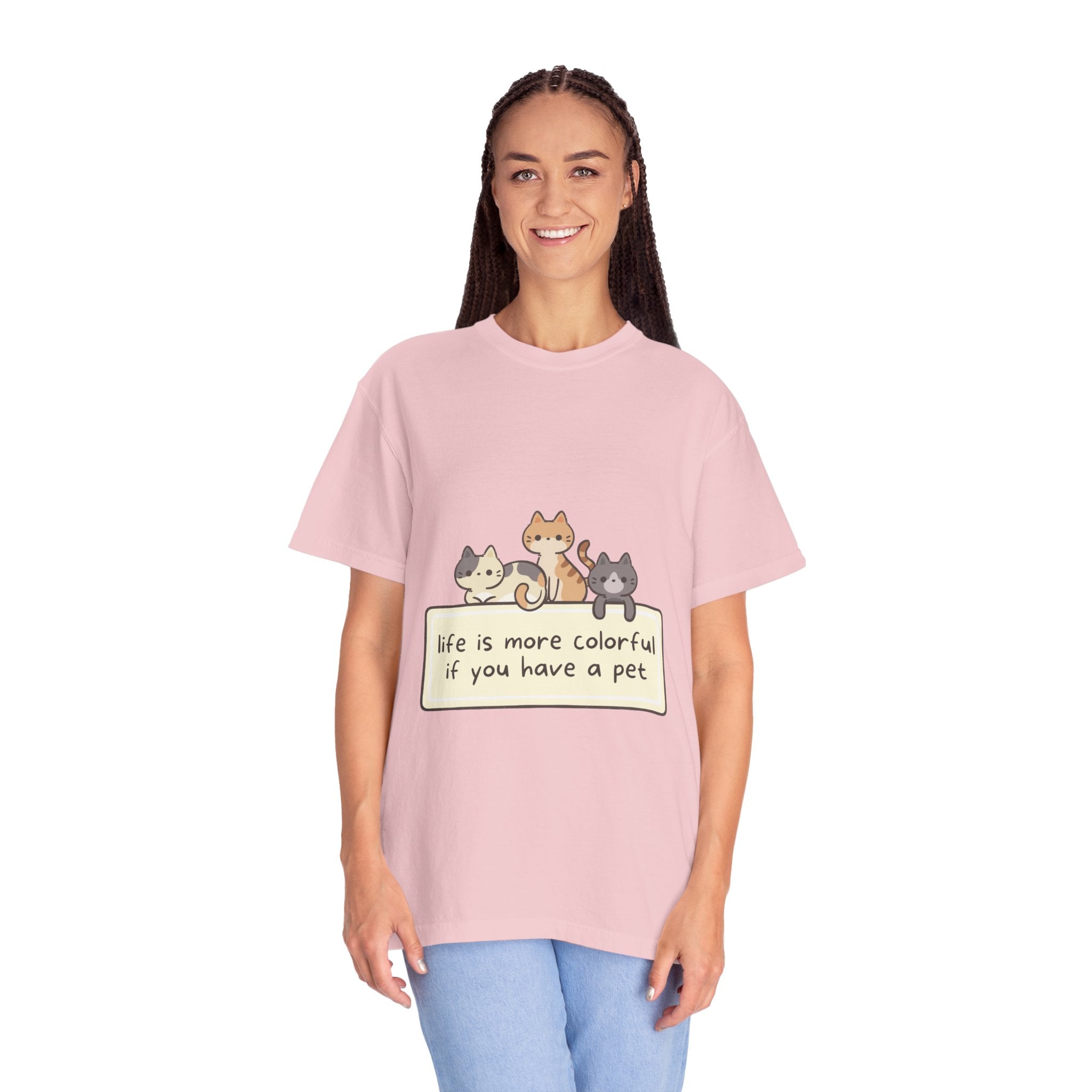 Pet Lover T-Shirt — "Life is More Colorful if You Have a Pet" Cute Cat Illustration