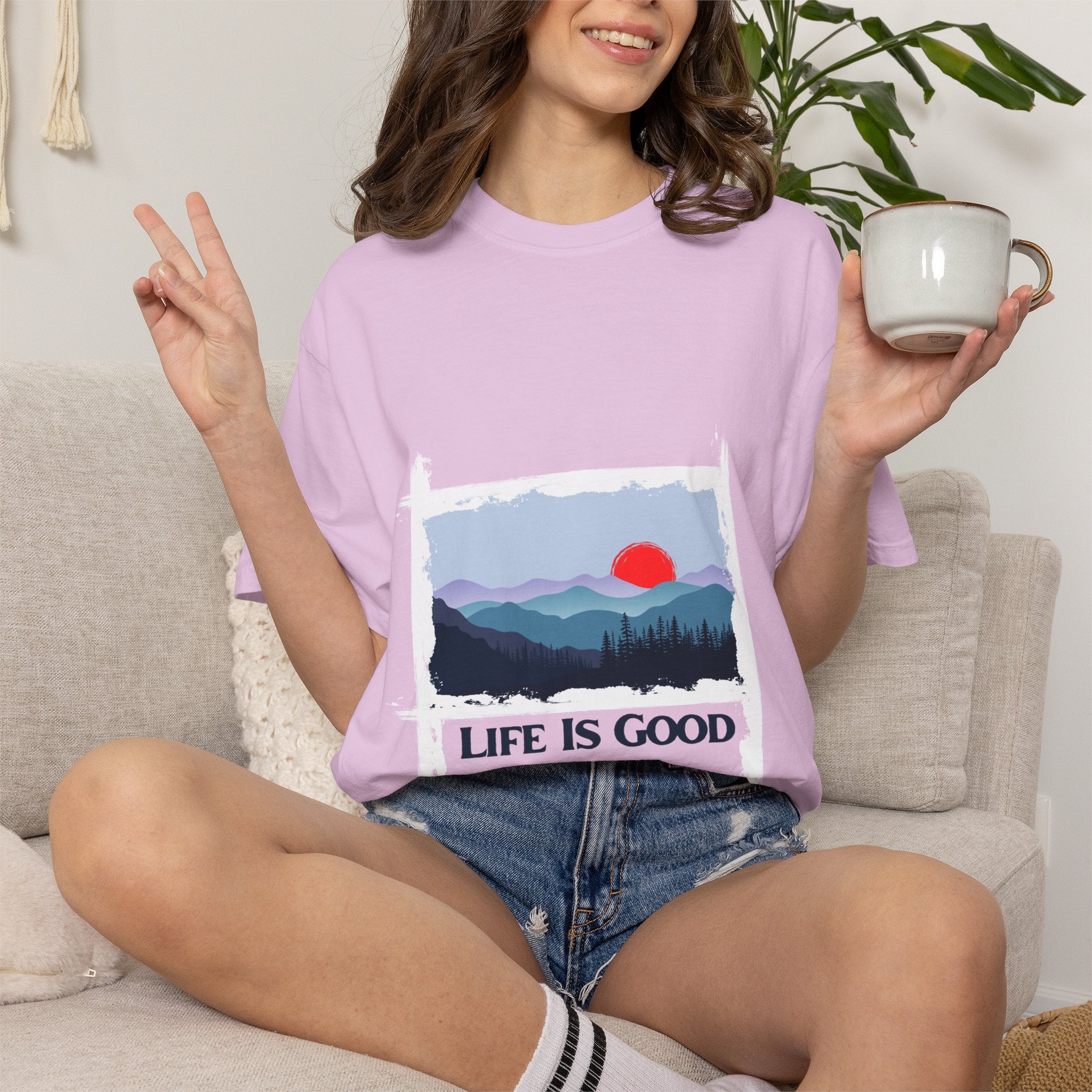 Life Is Good Mountain T-Shirt — Scenic Sunrise Graphic Tee