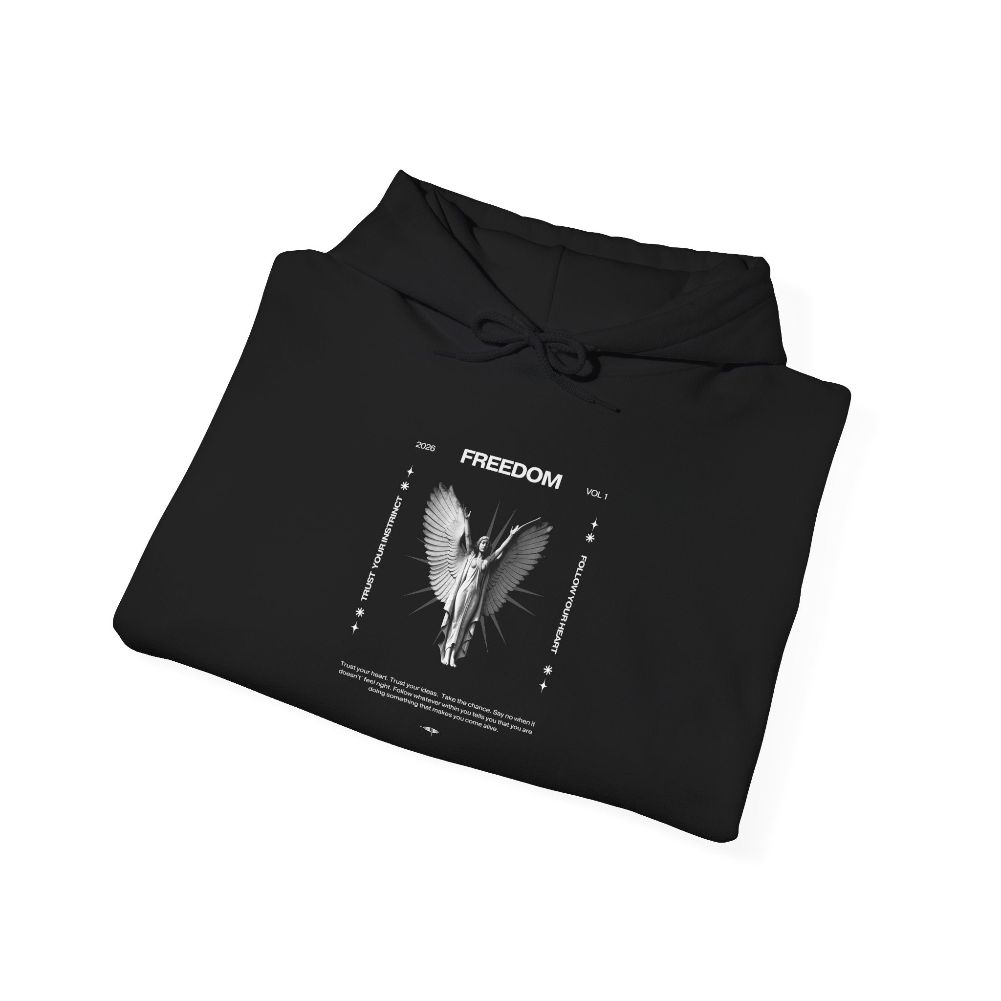 Freedom Angel Hoodie – Graphic Black Pullover with Winged Figure