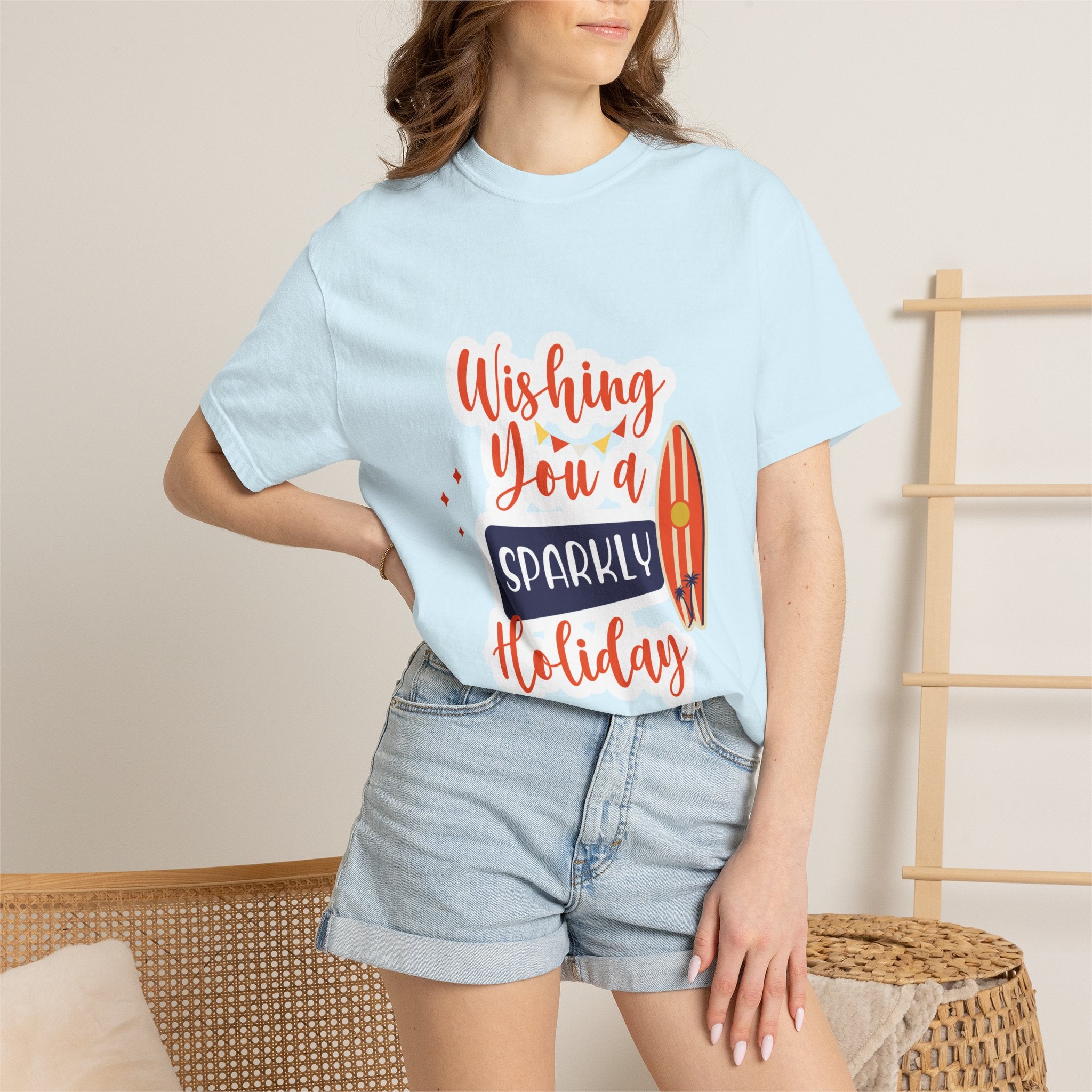 Holiday Surfboard T‑Shirt — "Wishing You a Sparkly Holiday" Beachy Christmas Tee