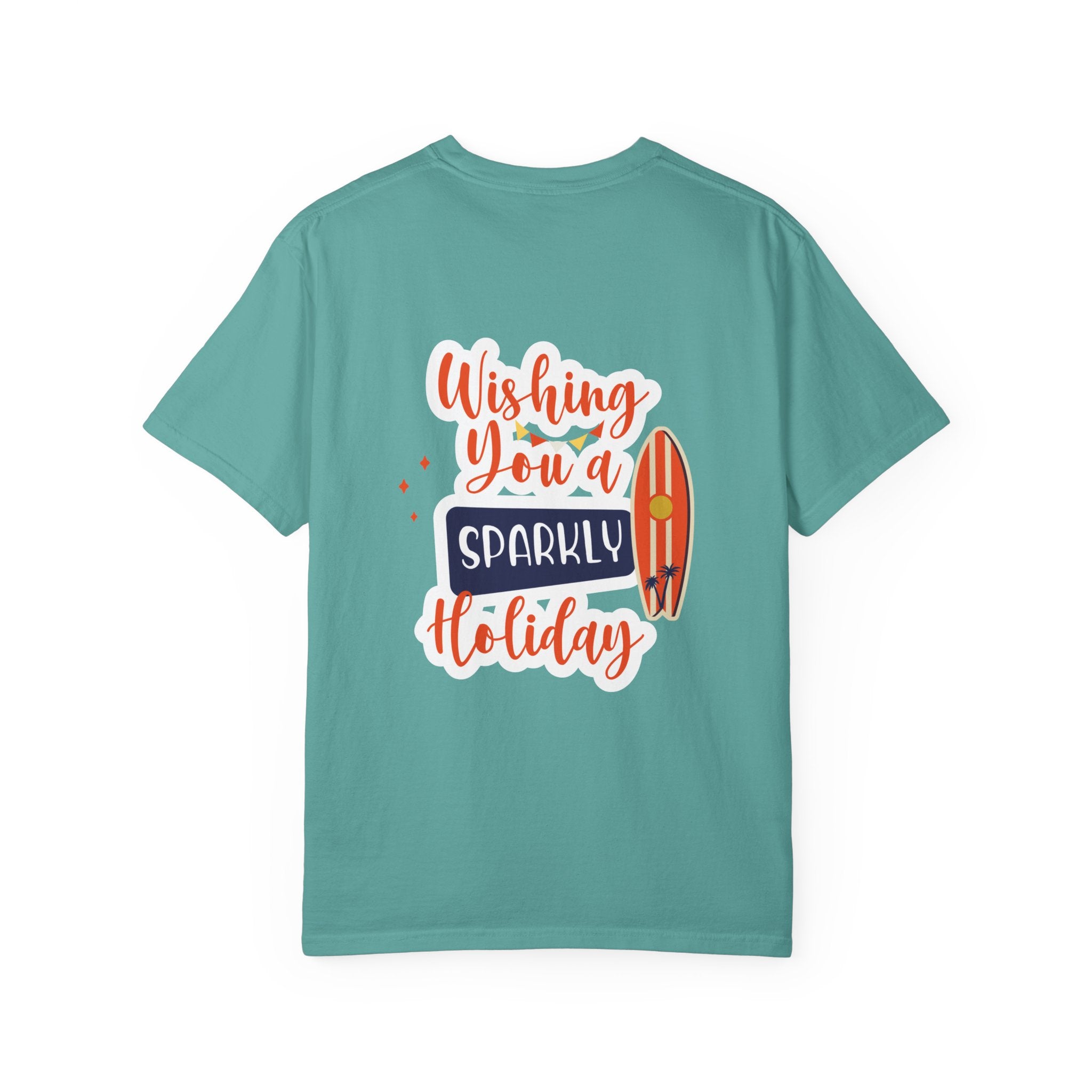 Holiday Surfboard T‑Shirt — "Wishing You a Sparkly Holiday" Beachy Christmas Tee
