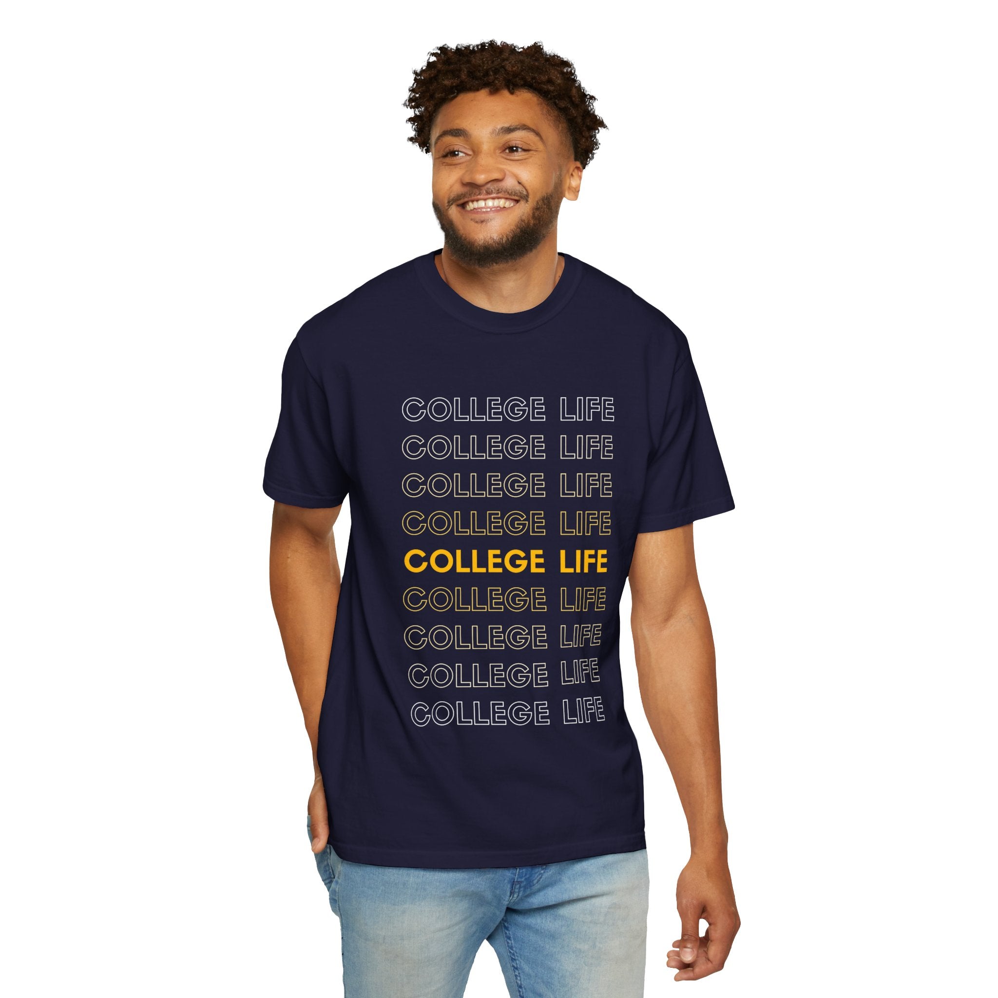 College Life Tee — Retro Repeated Text Graphic T-Shirt