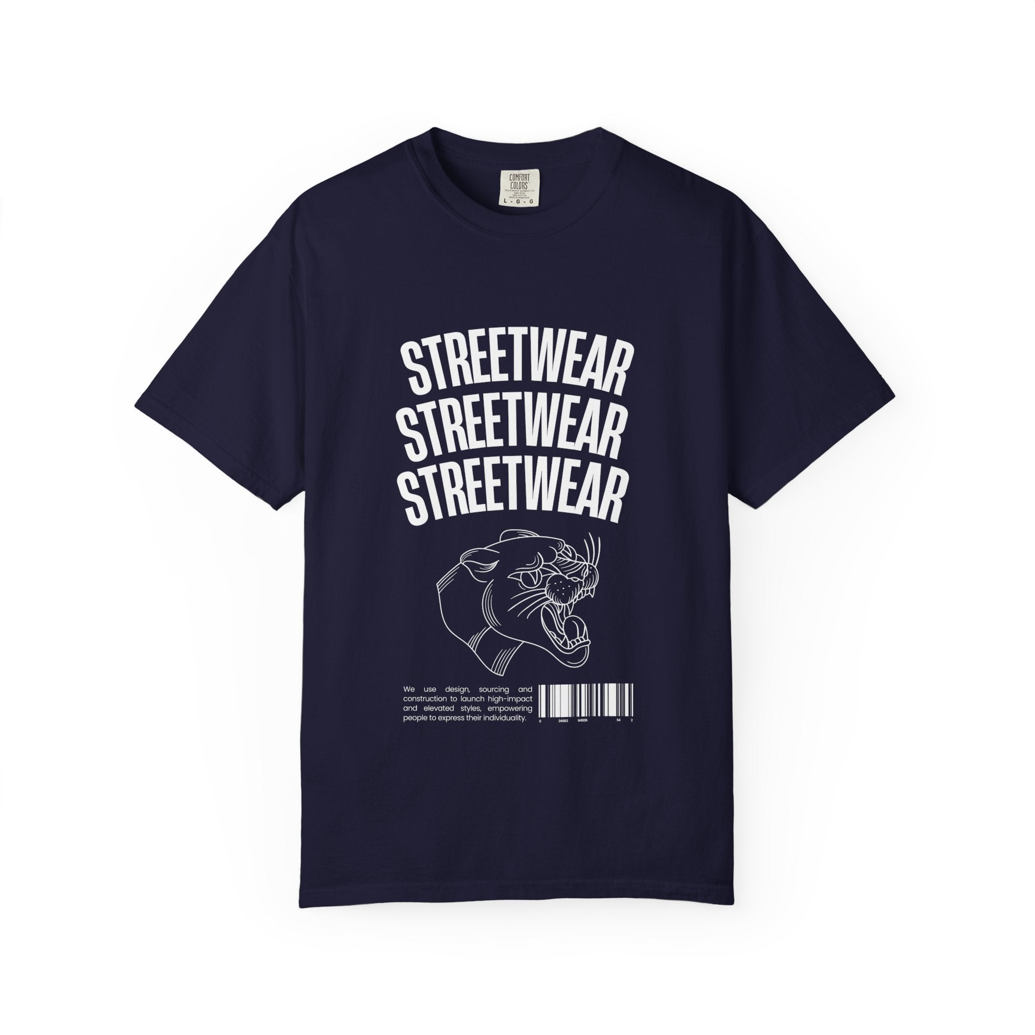 Streetwear Panther T‑Shirt — Graphic Garment-Dyed Tee with 'STREETWEAR' Text & Barcode