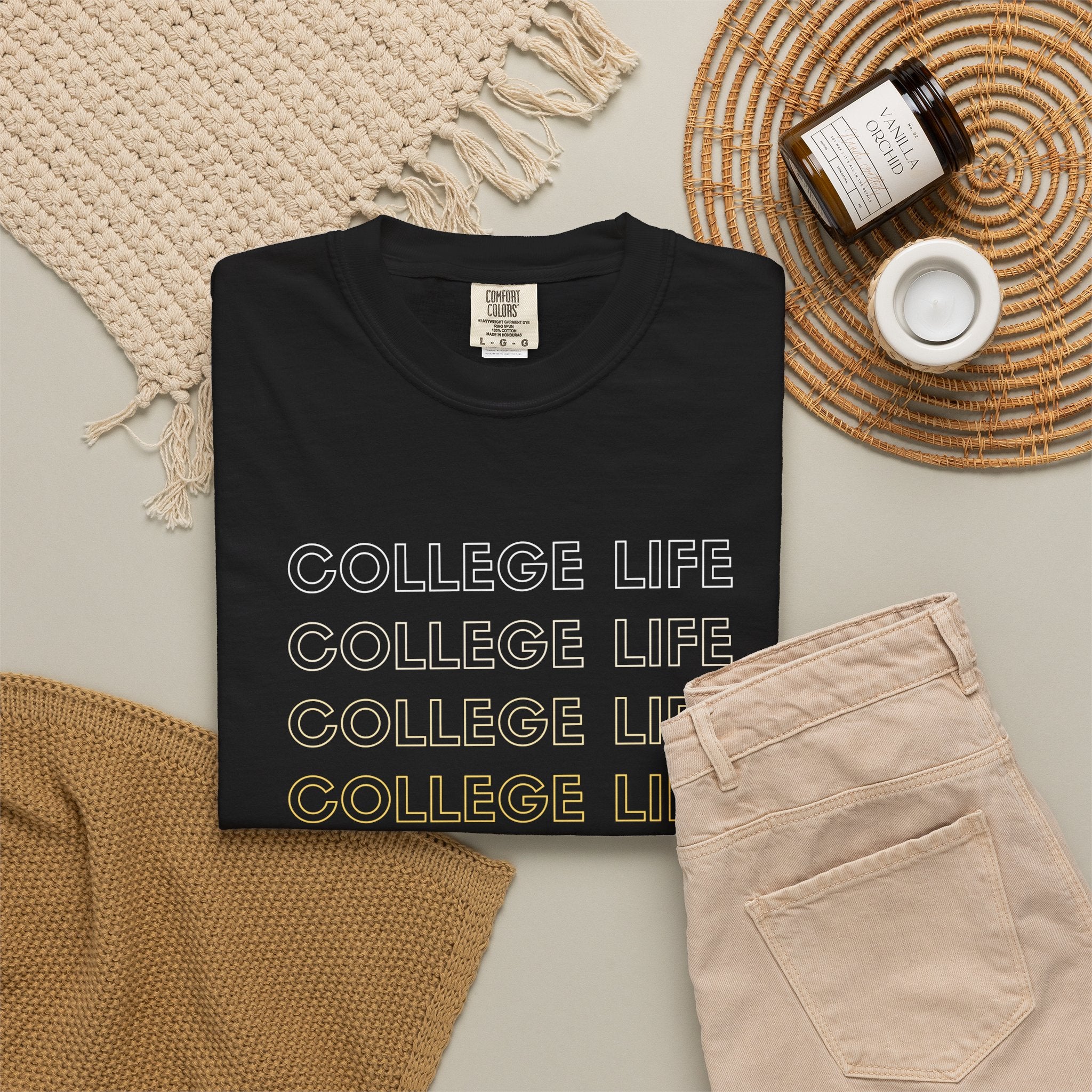 College Life Tee — Retro Repeated Text Graphic T-Shirt