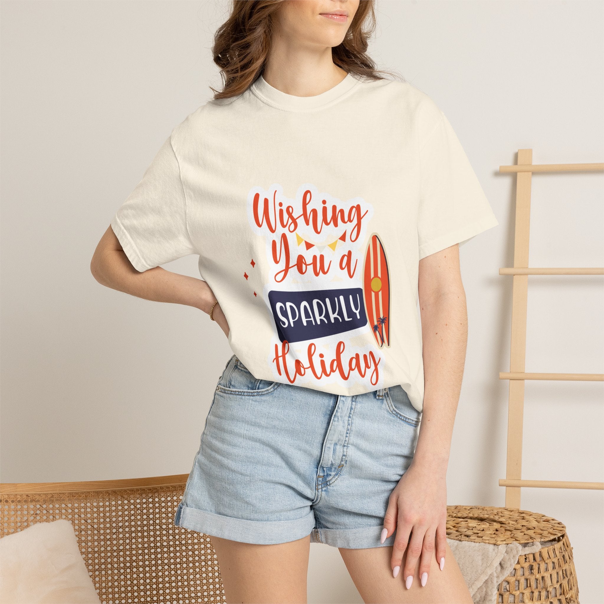 Holiday Surfboard T‑Shirt — "Wishing You a Sparkly Holiday" Beachy Christmas Tee