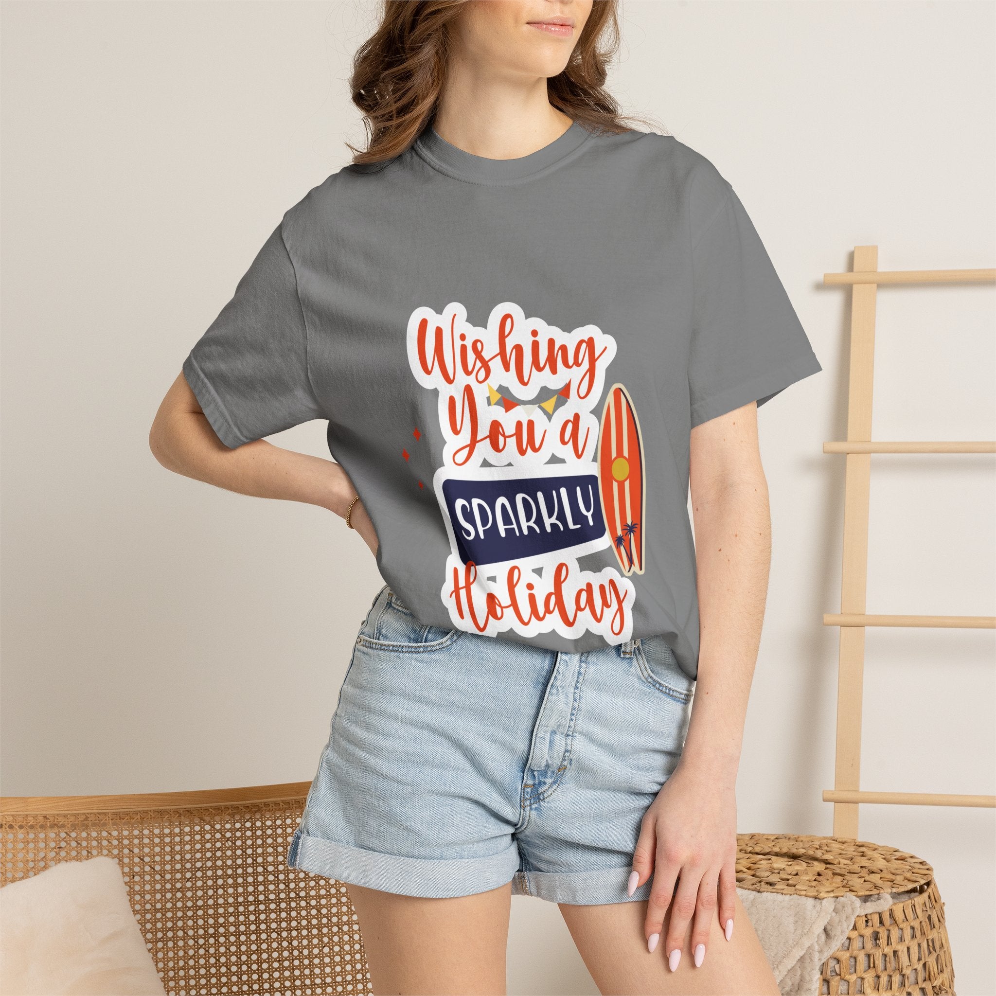Holiday Surfboard T‑Shirt — "Wishing You a Sparkly Holiday" Beachy Christmas Tee
