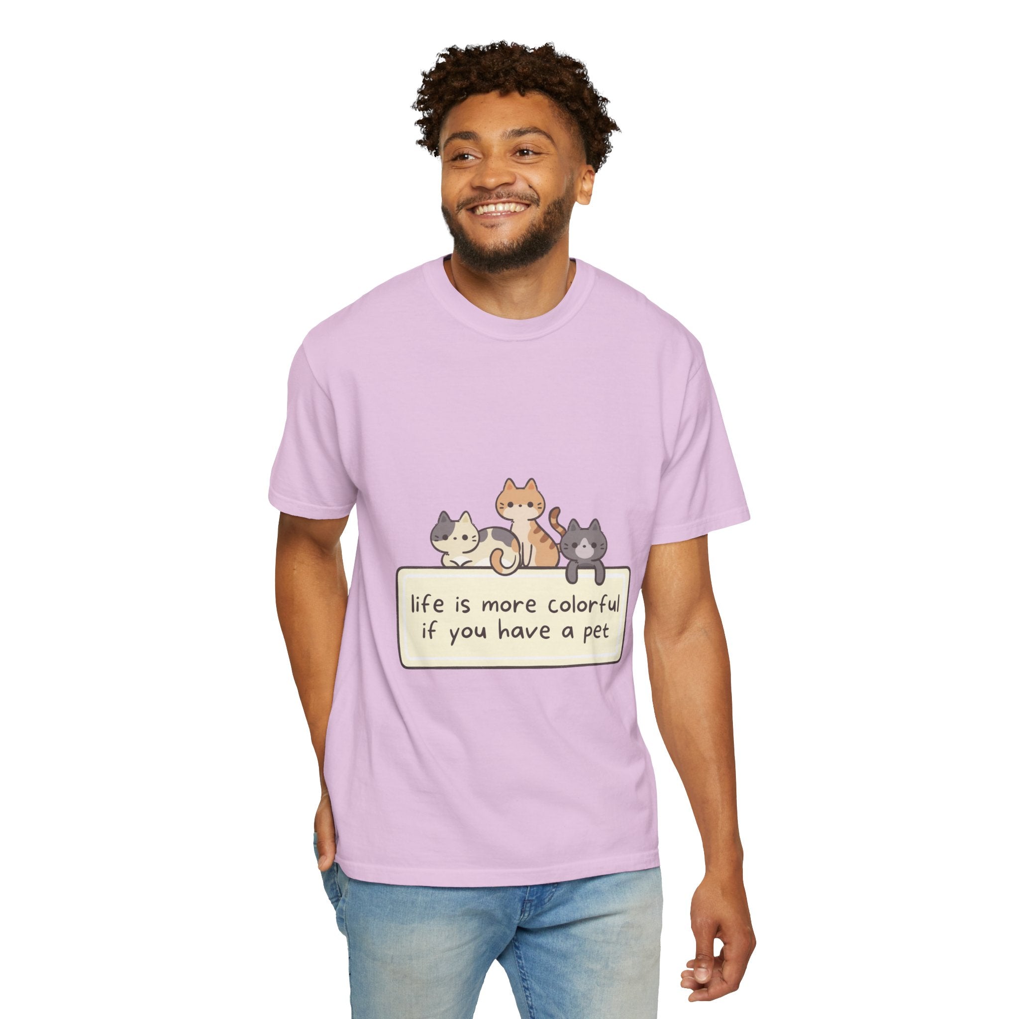 Pet Lover T-Shirt — "Life is More Colorful if You Have a Pet" Cute Cat Illustration