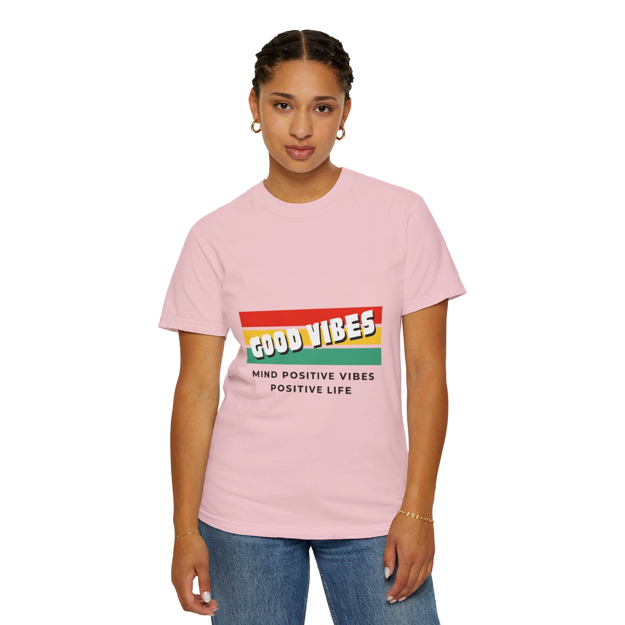 Good Vibes T-Shirt — Retro Stripes “Mind Positive Vibes, Positive Life”